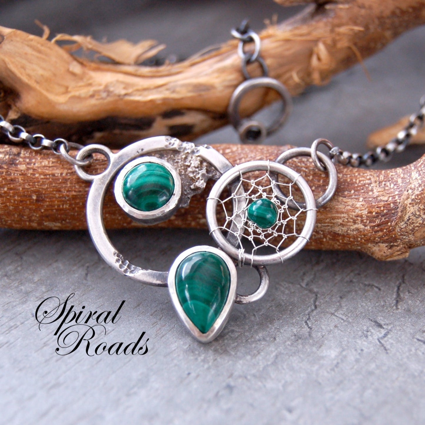 Silver malachite gemstone necklace. Boho chic Dreamcatcher Jewelry