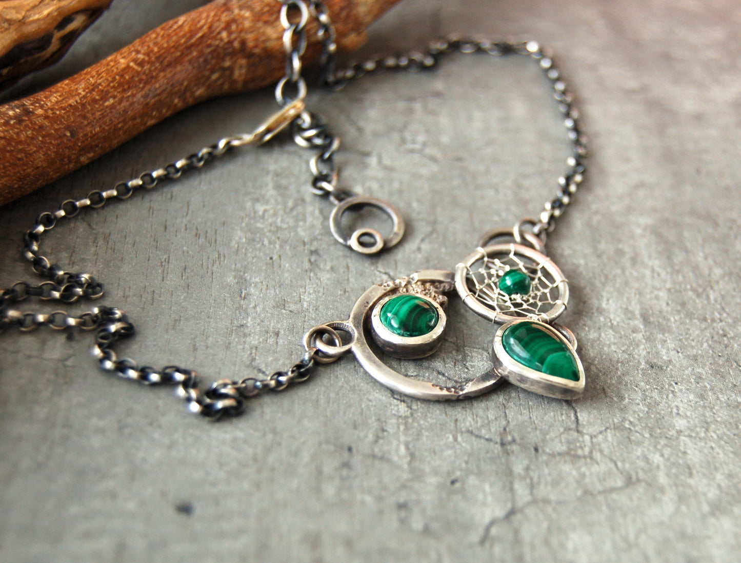 boho chic dream catcher necklace with malachite gemstones