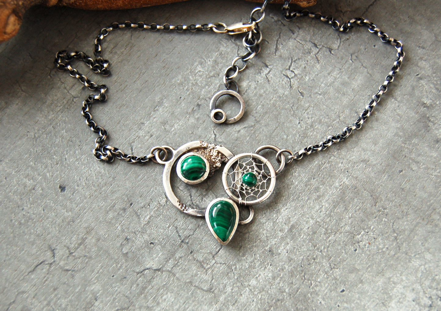 boho chic dream catcher necklace with malachite gemstones