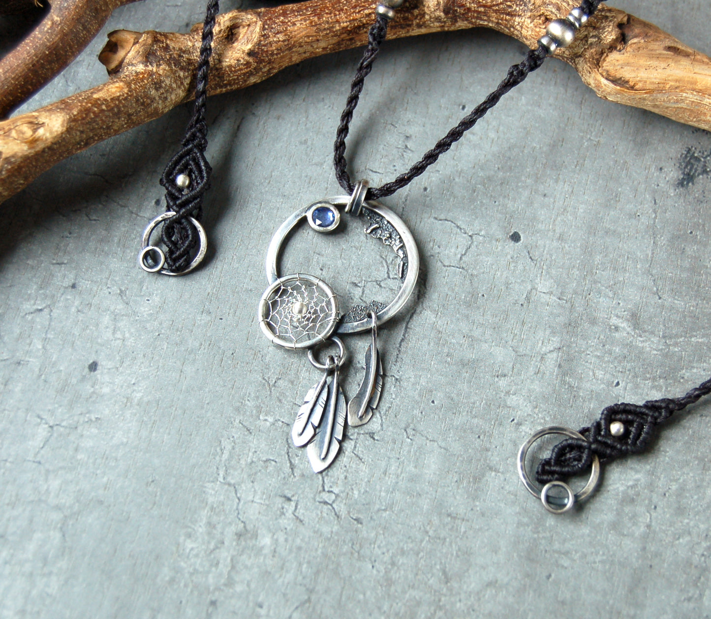 Silver dreamcatcher necklace with blue sapphire and macrame