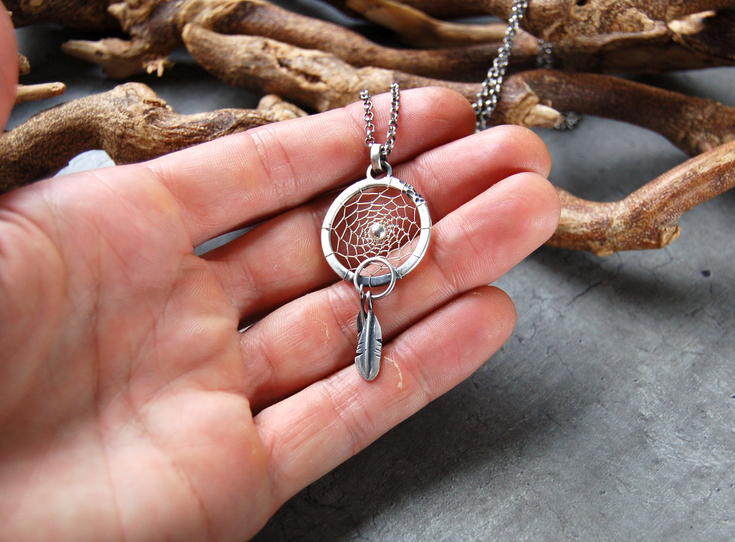 Handmade Silver dreamcatcher pendant