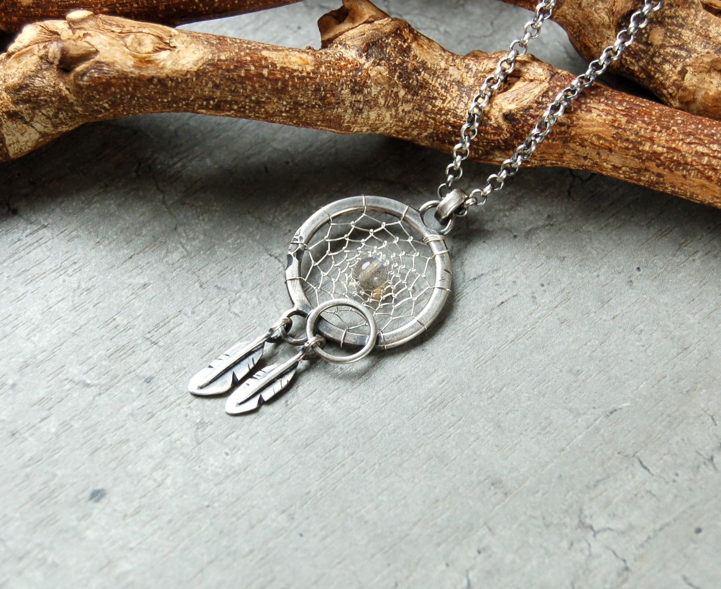 boho necklace with labradorite, Dreamcatcher pendant