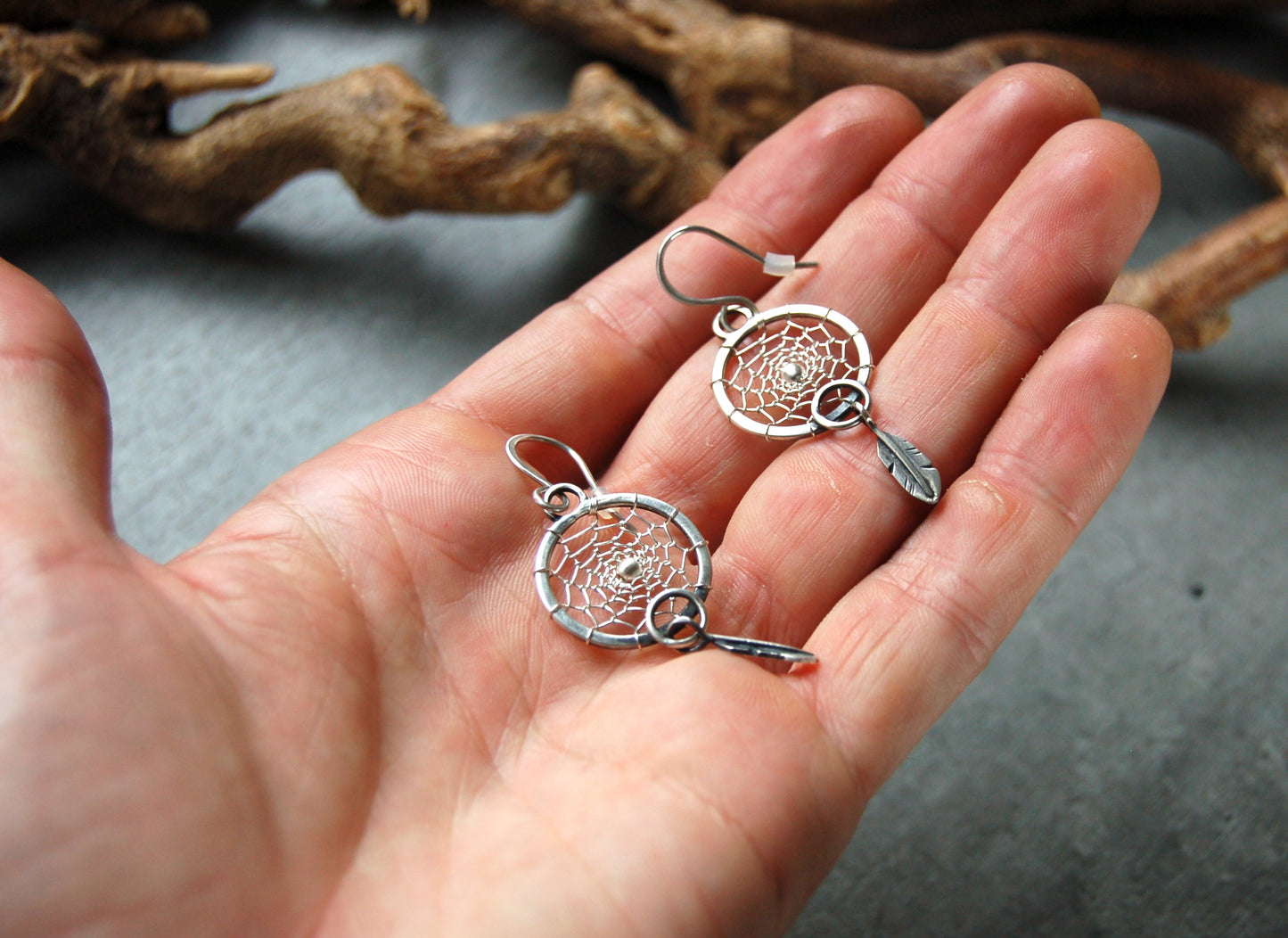 Silver dream catcher earrings