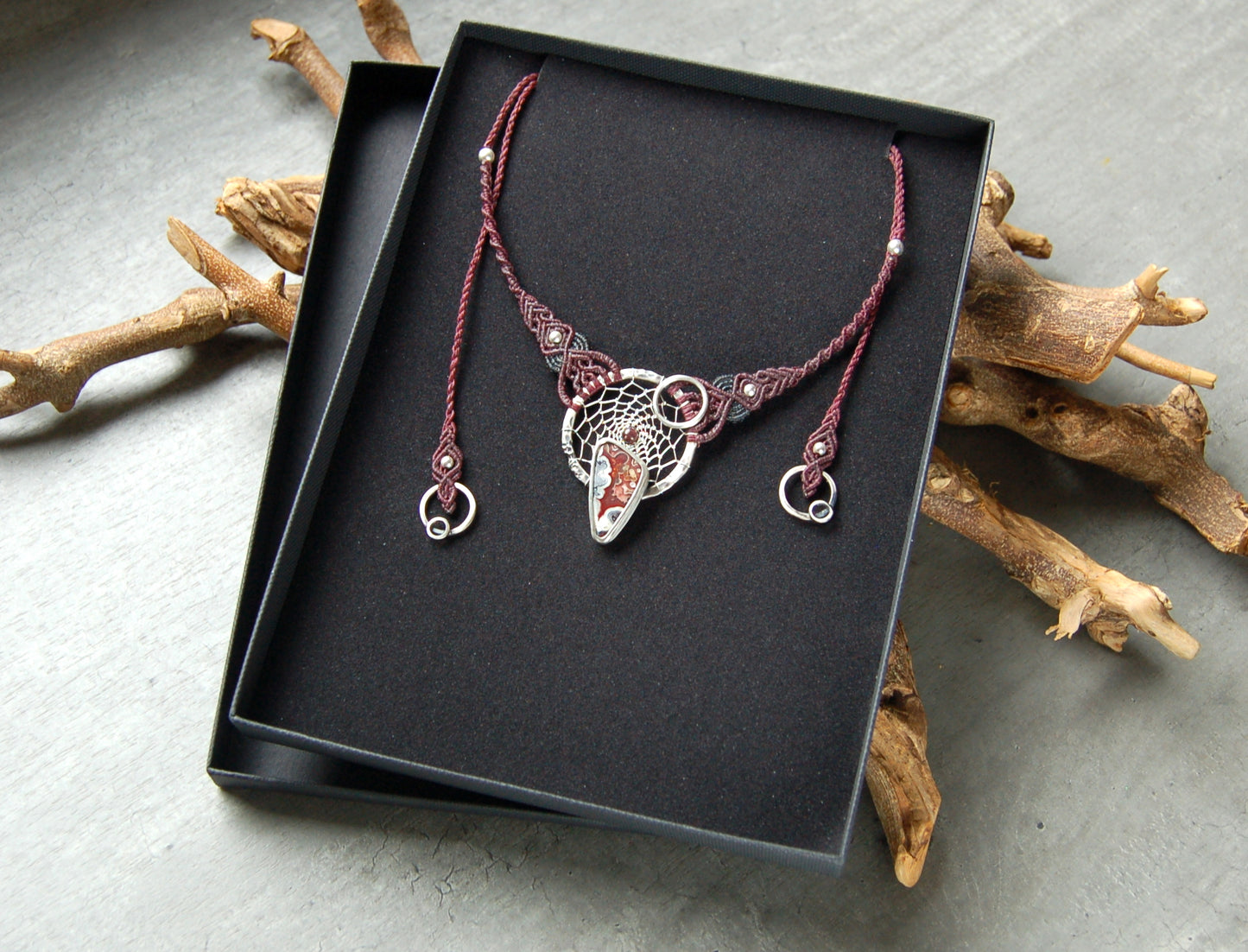 Boho style macrame necklace with crazy lace agate and silver dream catcher