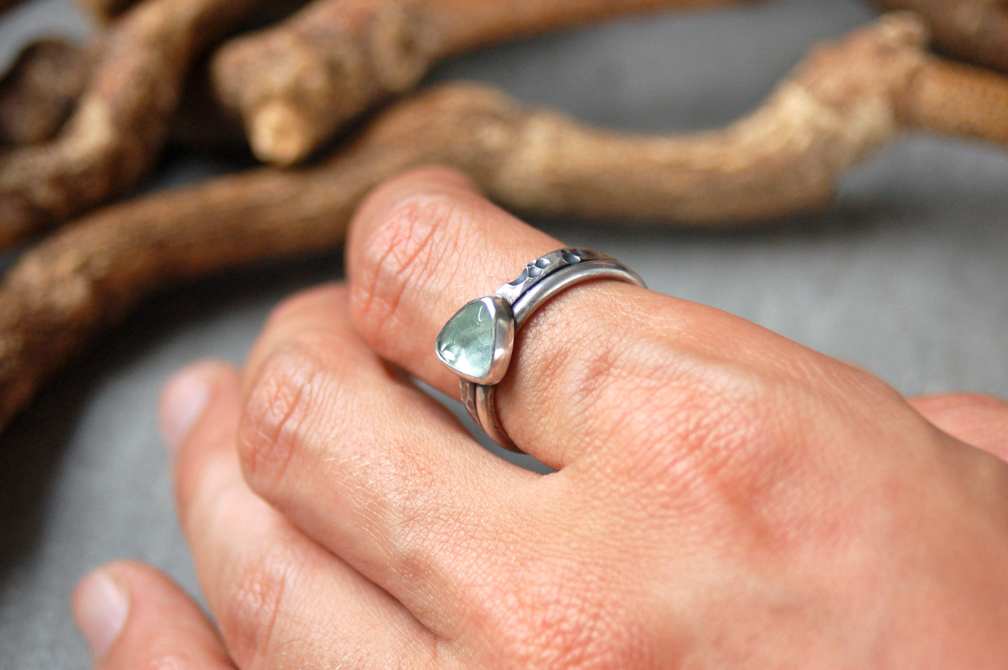 Silver Aquamarine textured ring