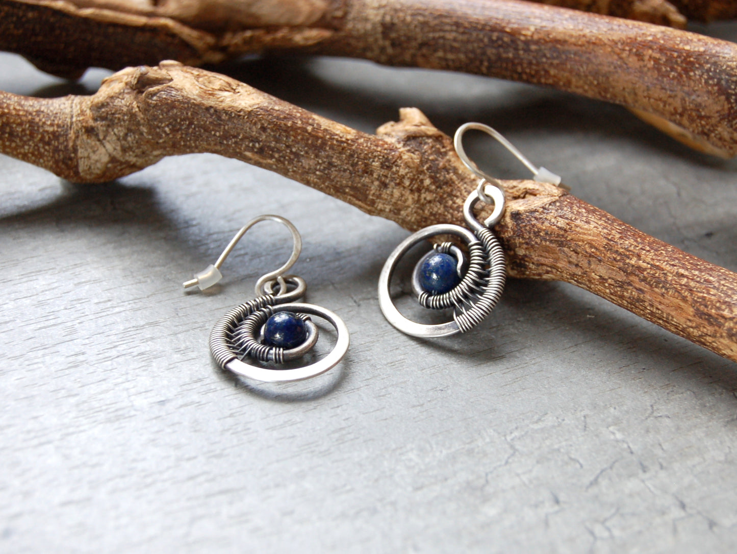 silver wire wrapped earrings with Lapis Lazuli