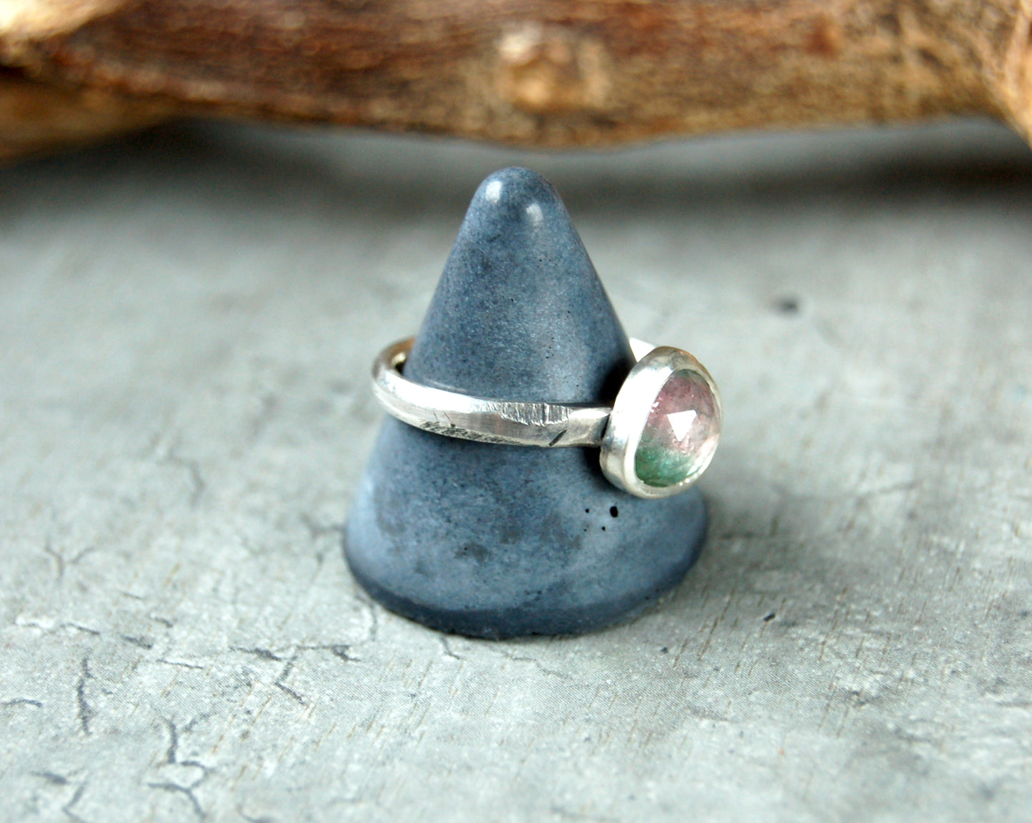 rustic silver ring with watermelon tourmaline