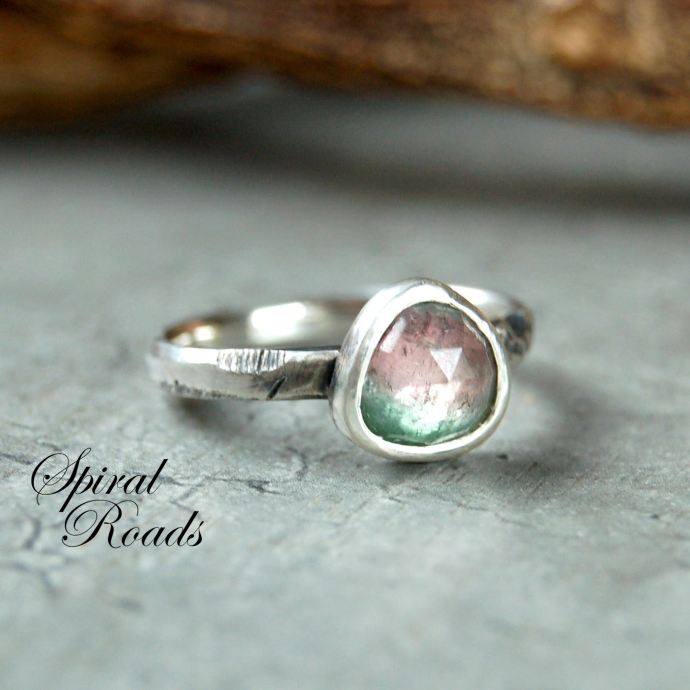 rustic silver ring with watermelon tourmaline