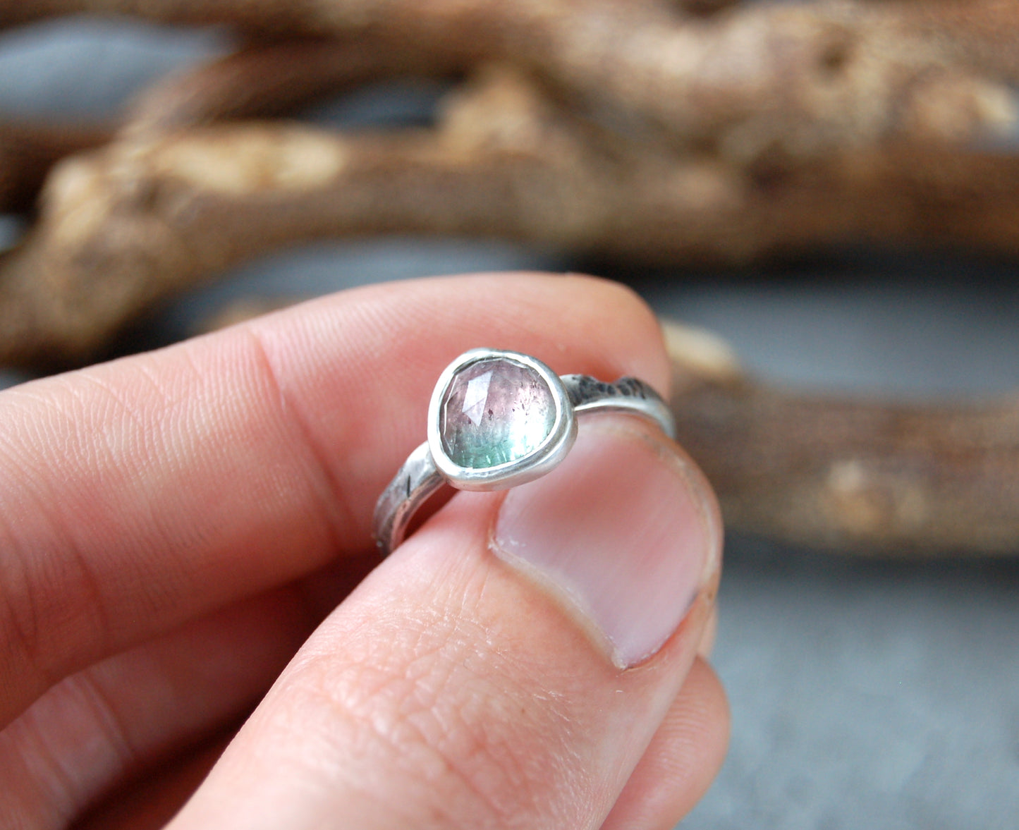 rustic silver ring with watermelon tourmaline