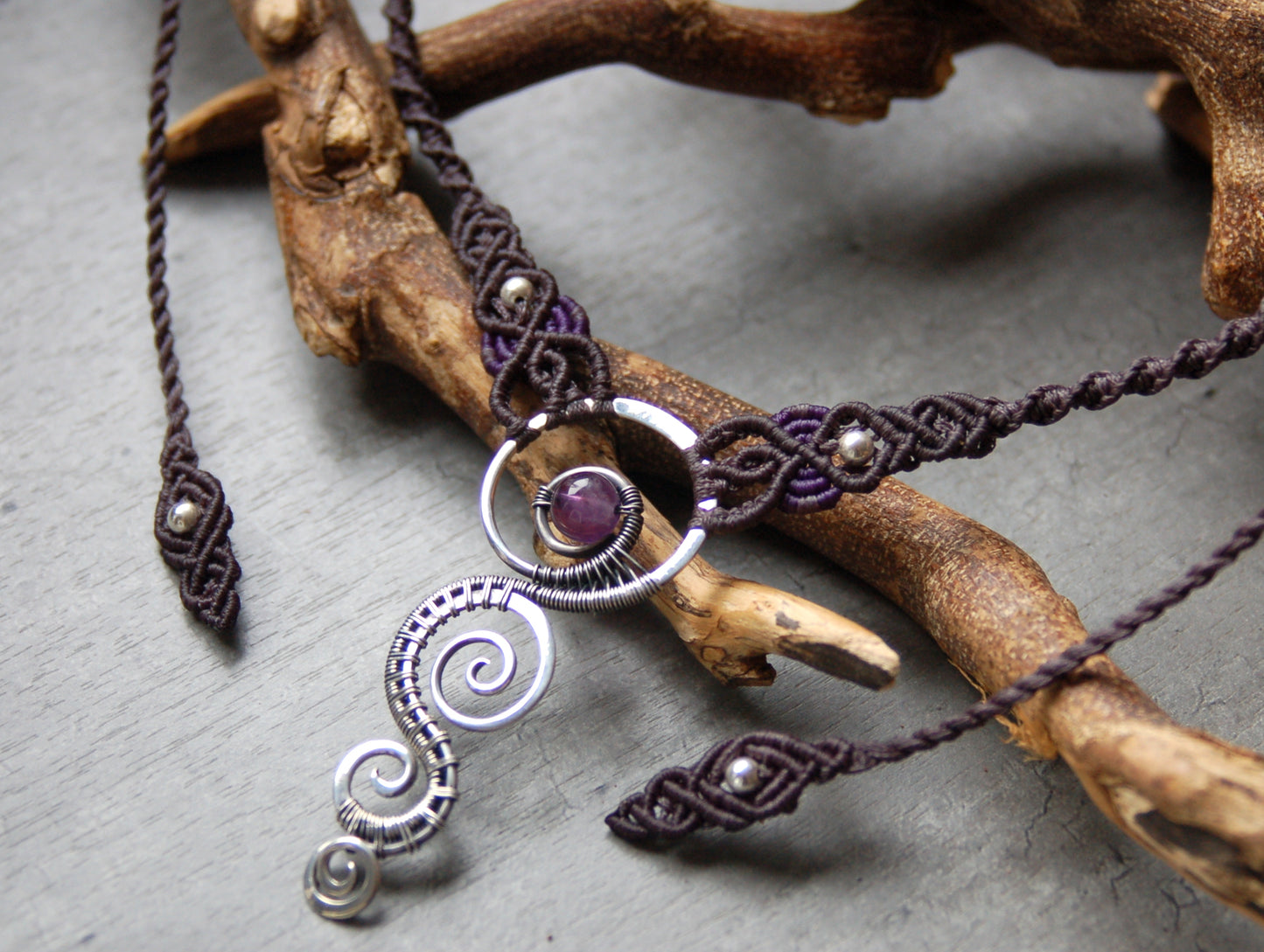 Silver wire wrapped necklace with Purple Amethyst and Macrame