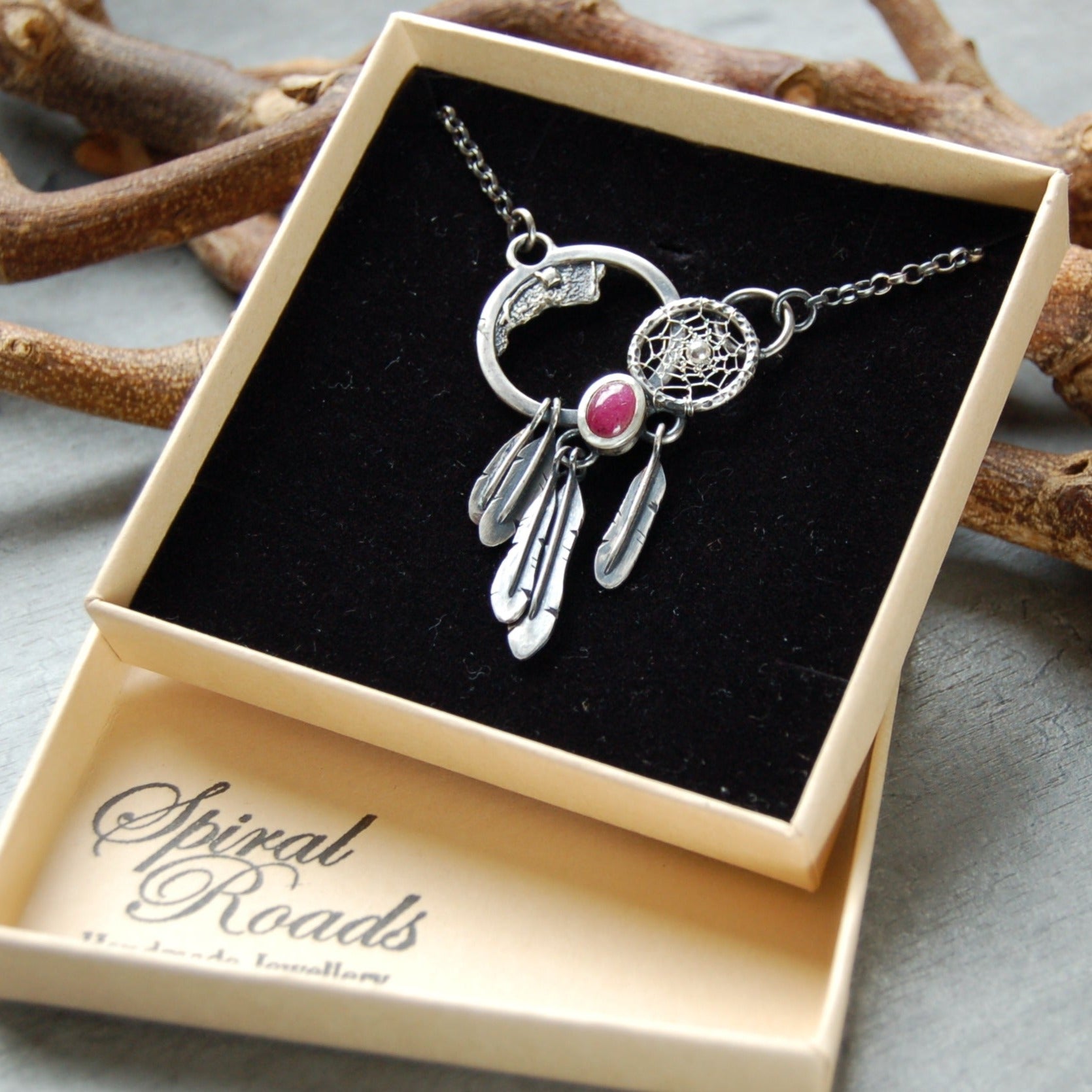 boho Silver dreamcatcher necklace with ruby gemstone and feather tassels