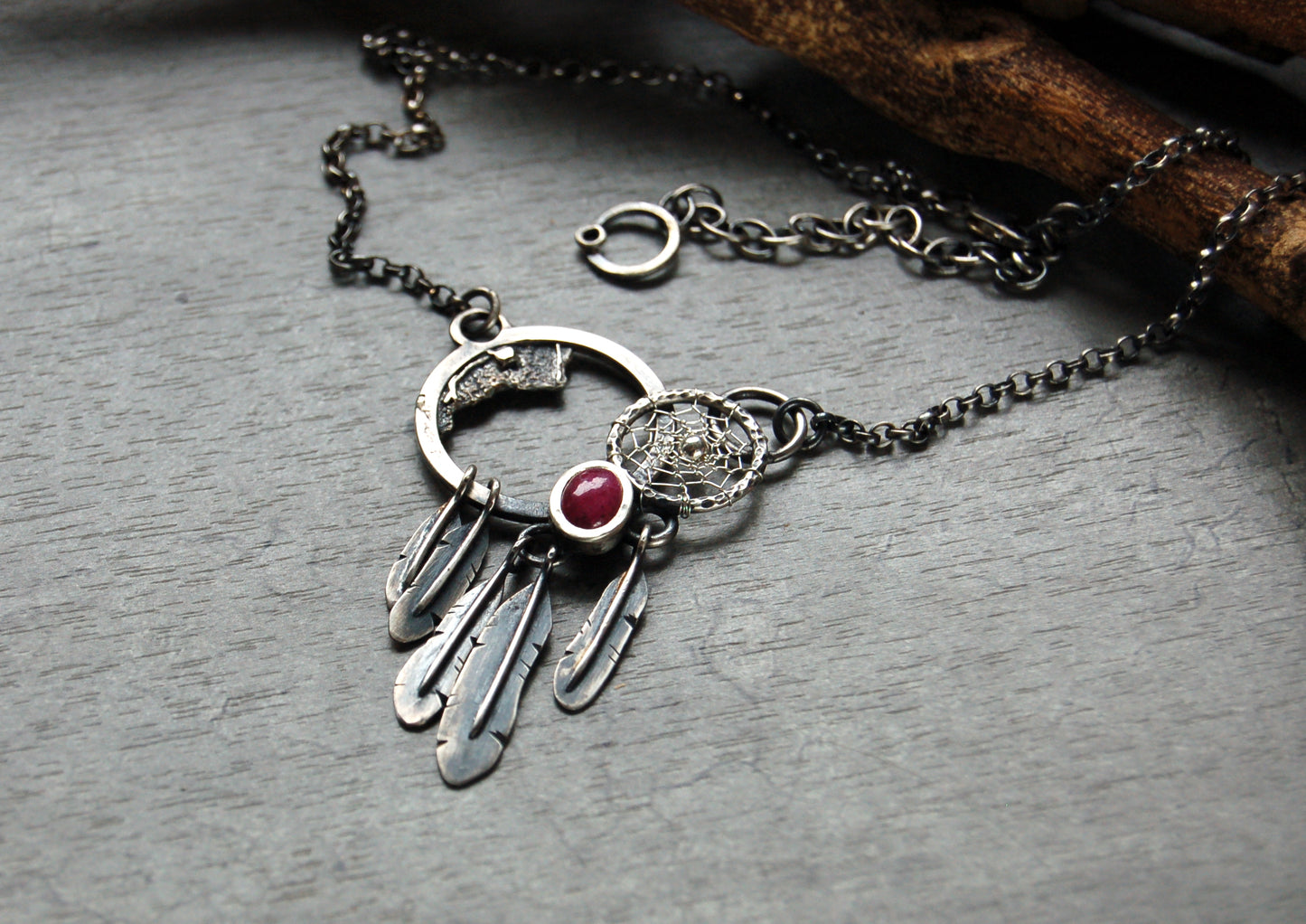boho Silver dreamcatcher necklace with ruby gemstone and feather tassels