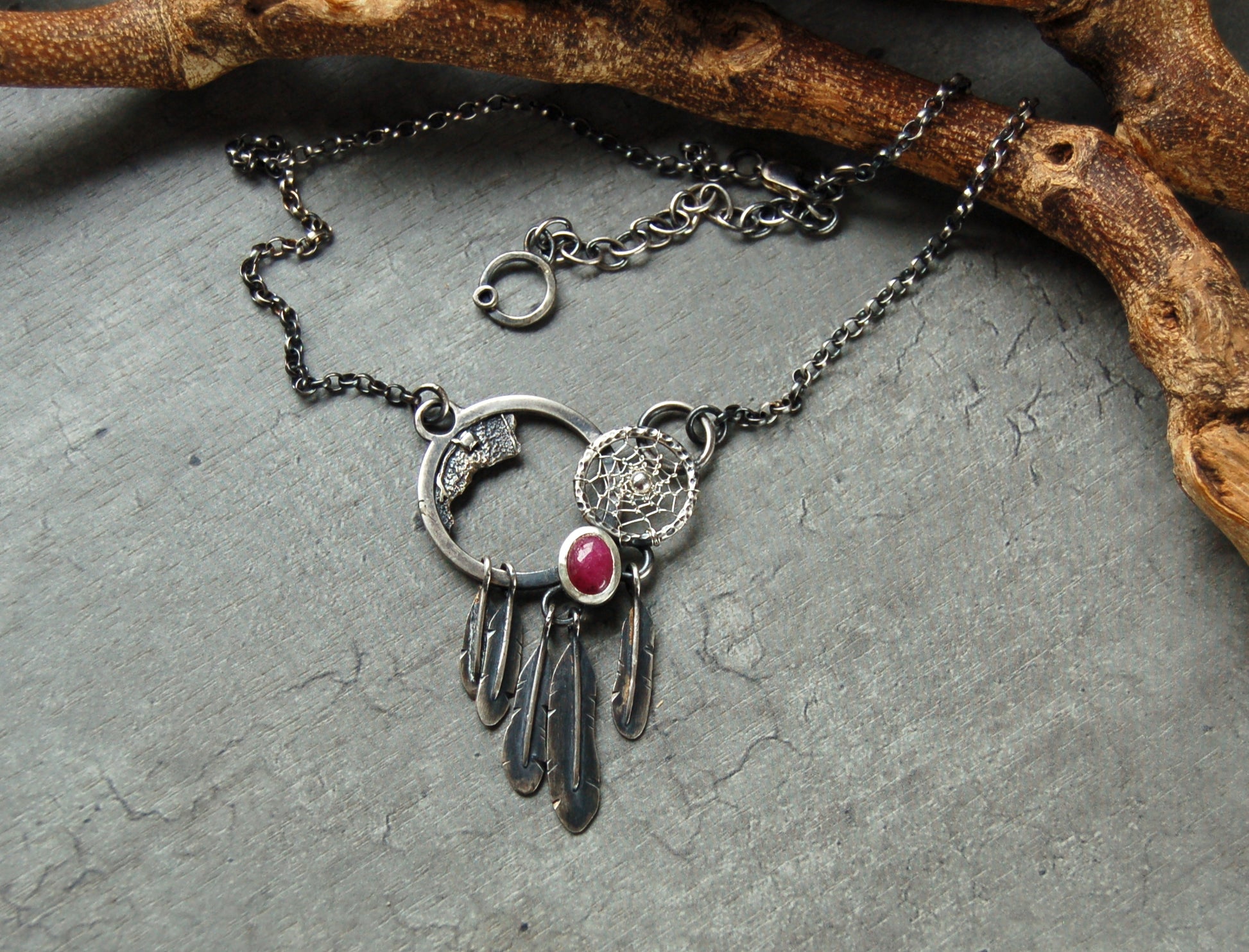 boho Silver dreamcatcher necklace with ruby gemstone and feather tassels