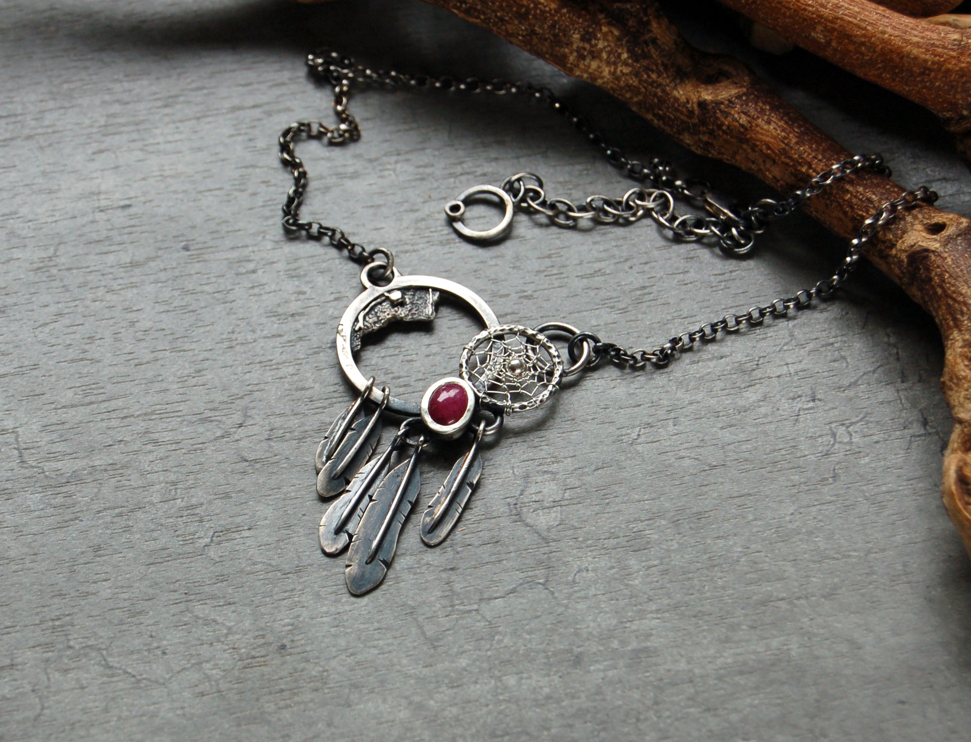 boho Silver dreamcatcher necklace with ruby gemstone and feather tassels