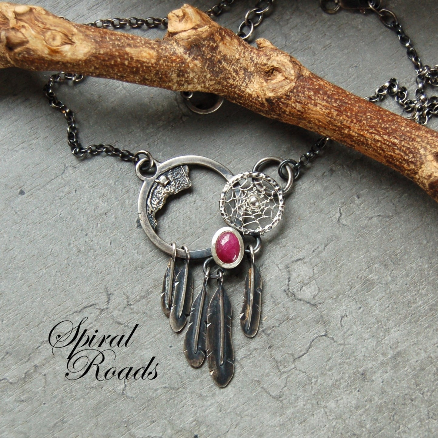 boho Silver dreamcatcher necklace with ruby gemstone and feather tassels