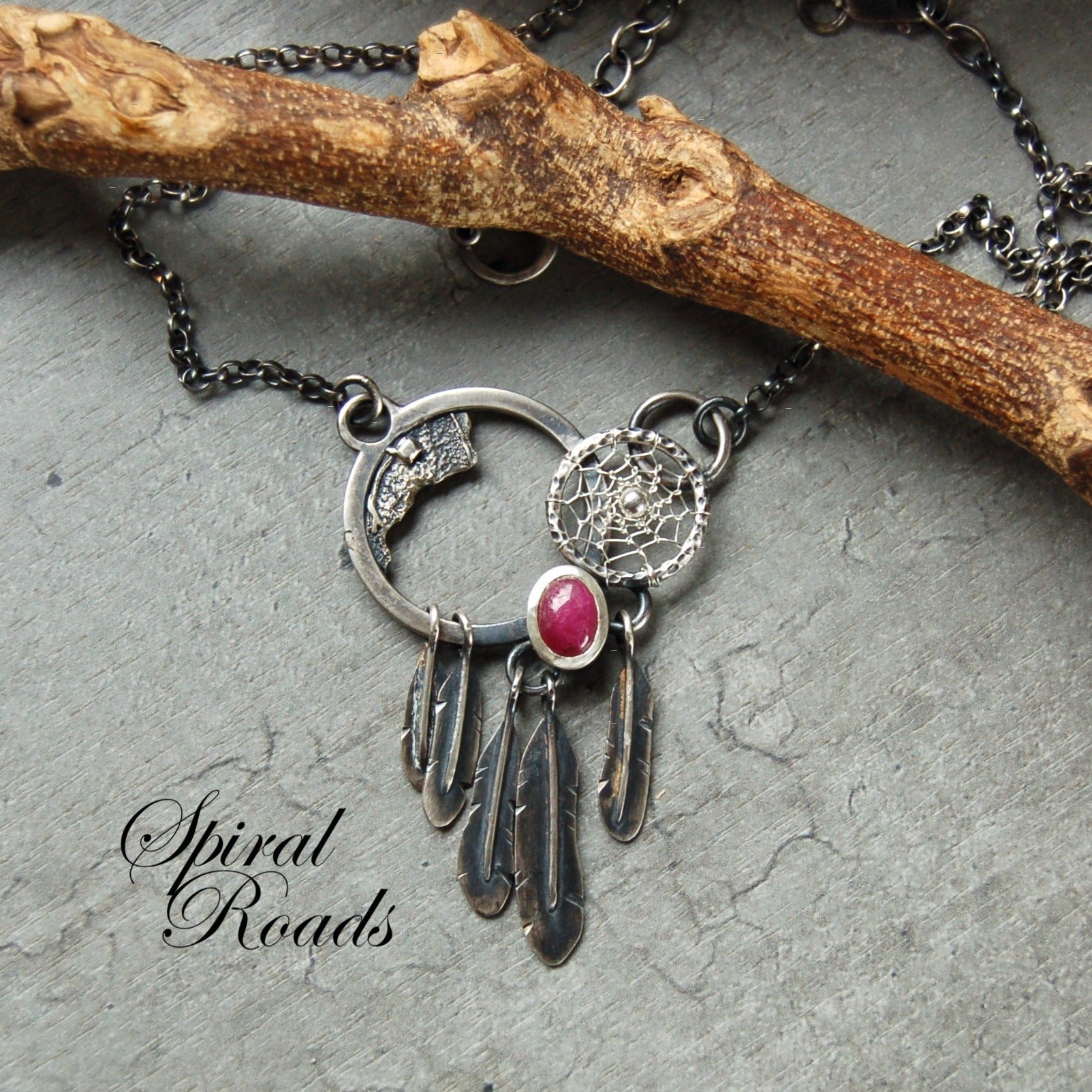 boho Silver dreamcatcher necklace with ruby gemstone and feather tassels
