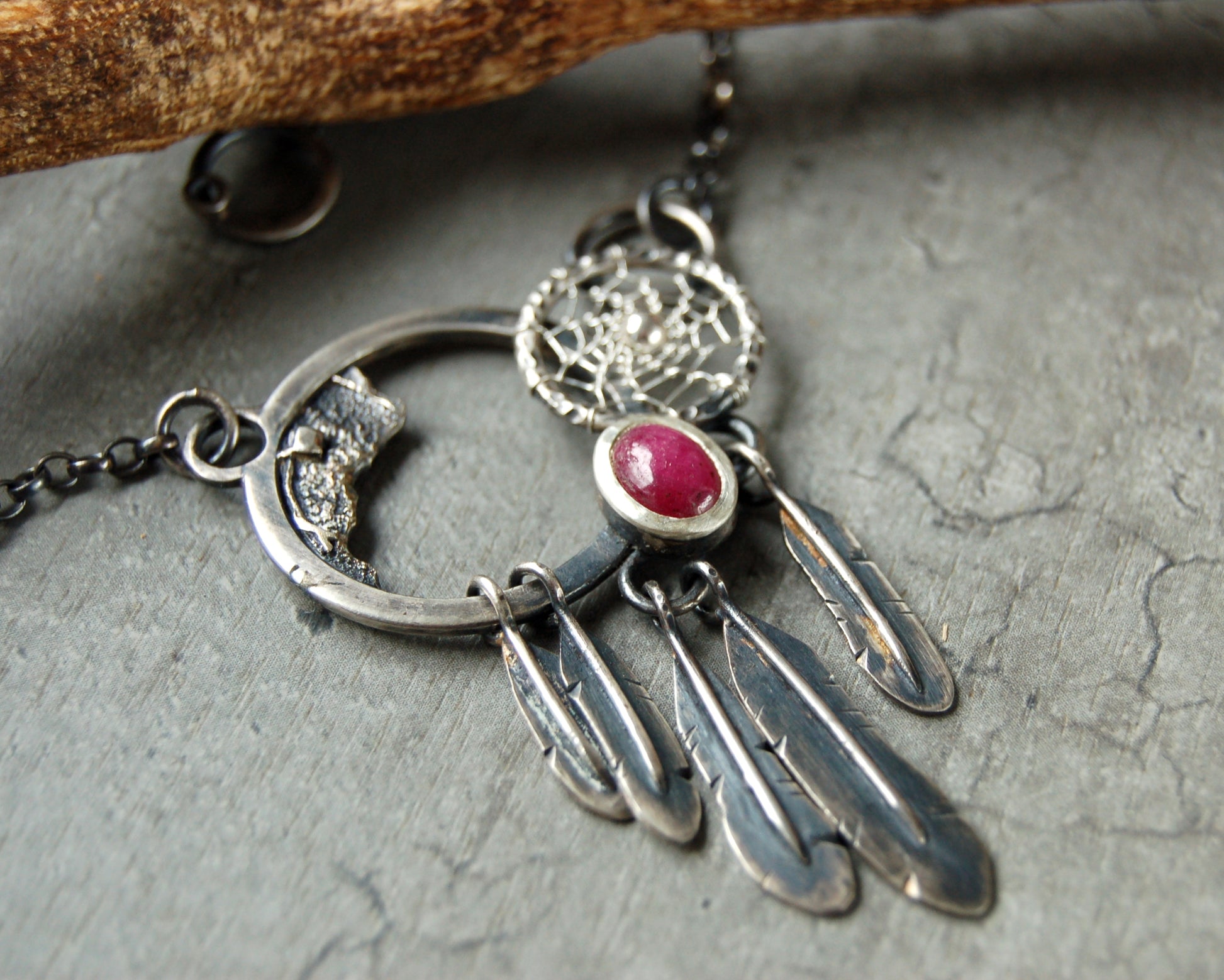 boho Silver dreamcatcher necklace with ruby gemstone and feather tassels