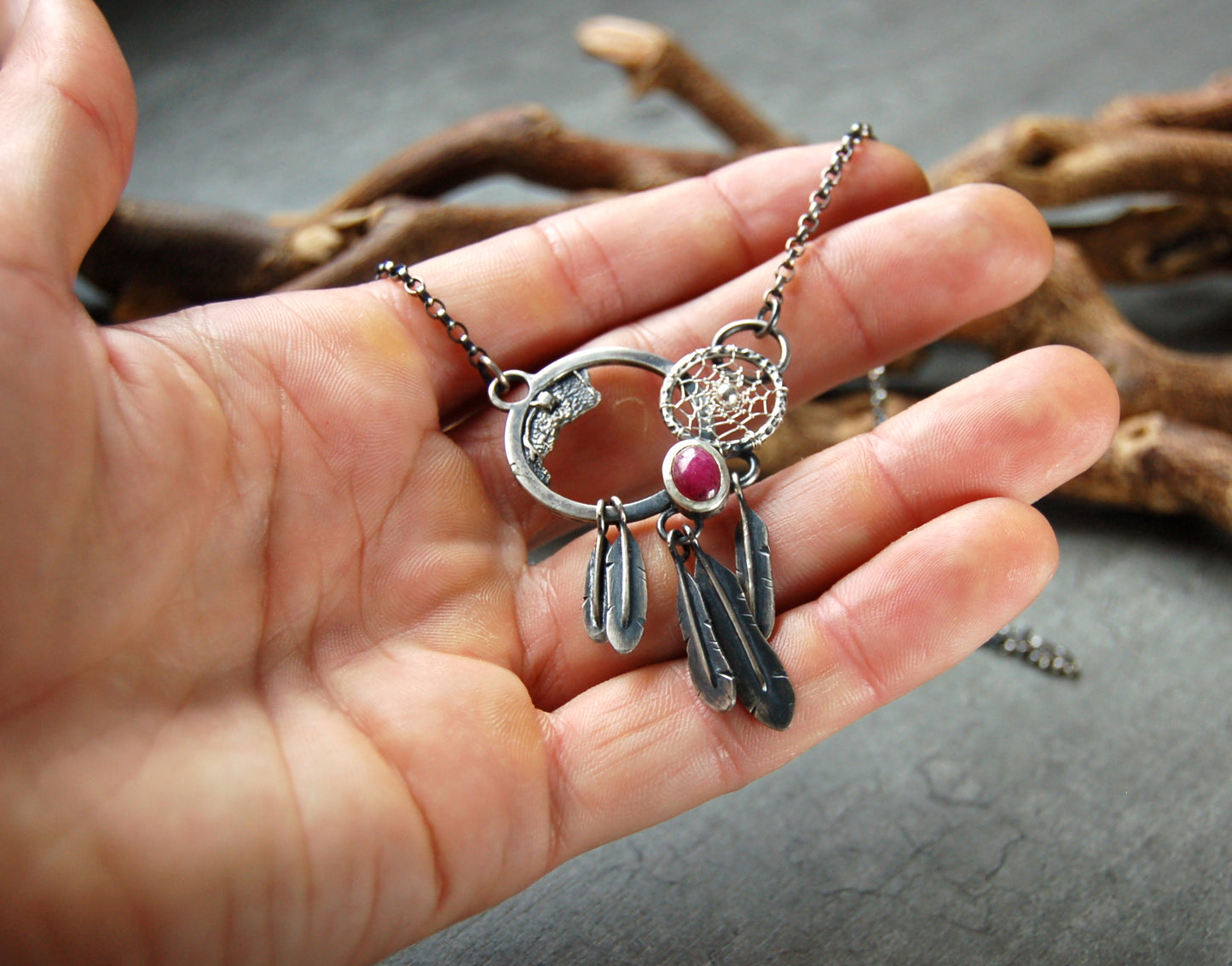 boho Silver dreamcatcher necklace with ruby gemstone and feather tassels