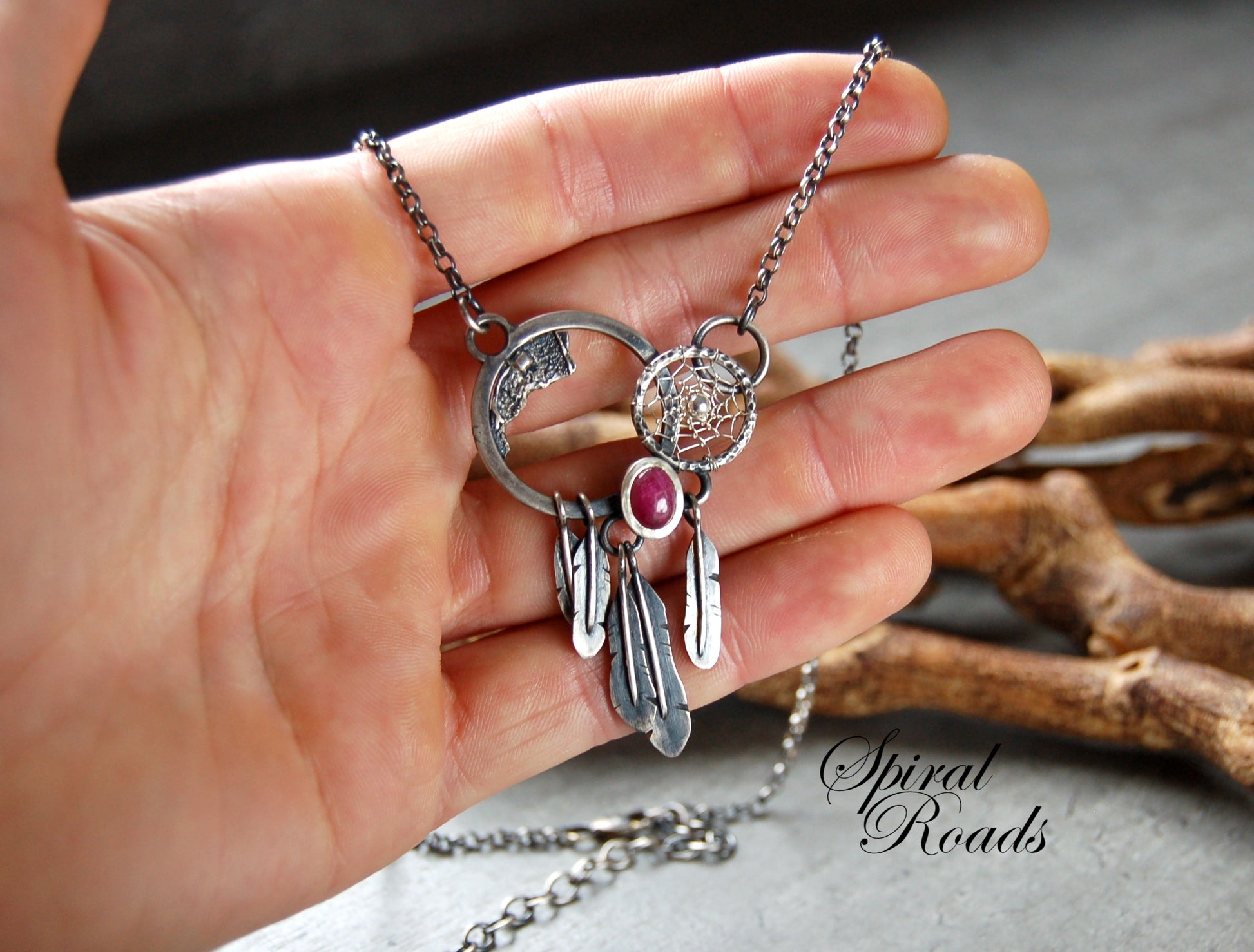 boho Silver dreamcatcher necklace with ruby gemstone and feather tassels
