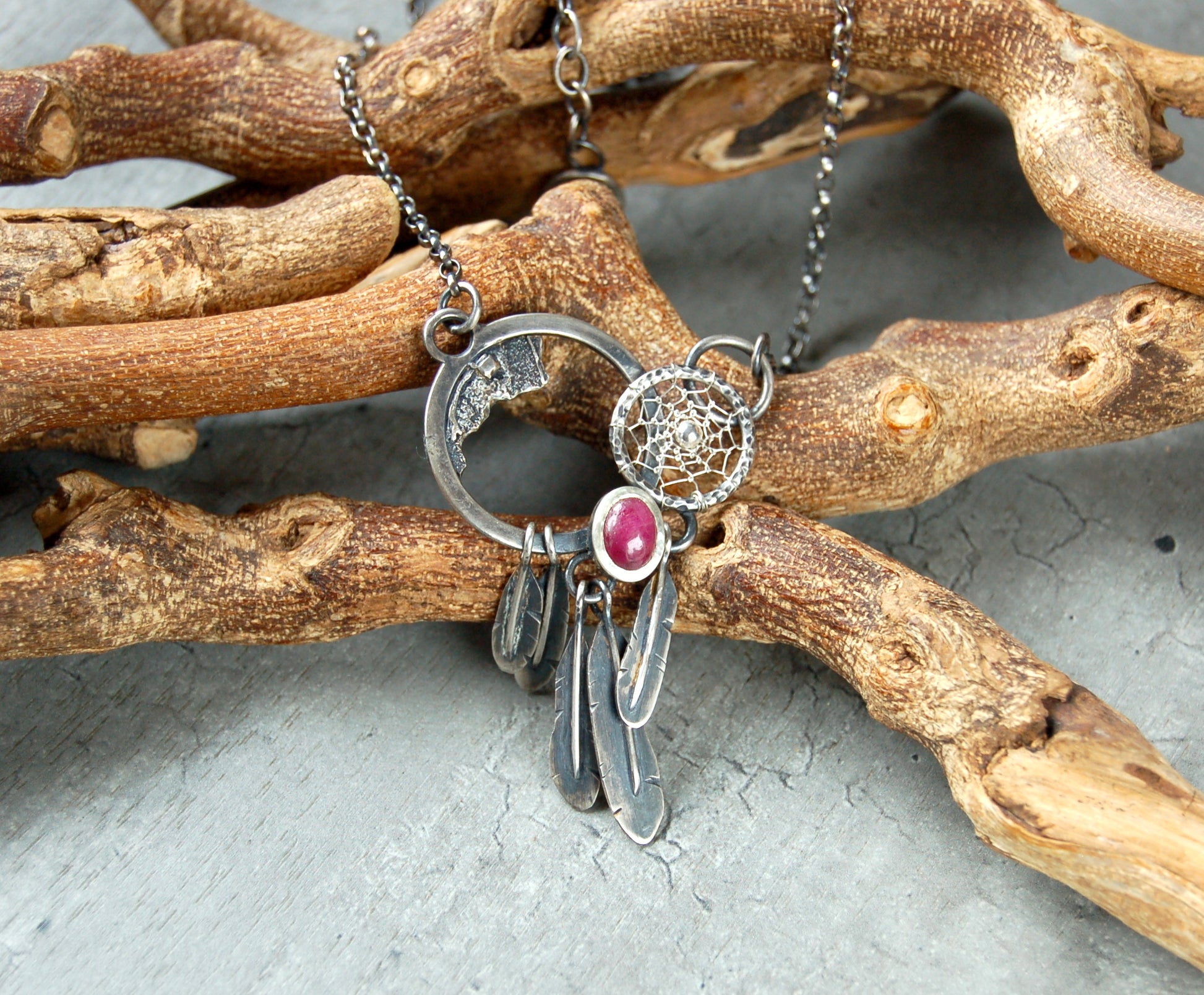 boho Silver dreamcatcher necklace with ruby gemstone and feather tassels