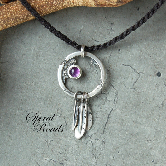 Rustic dream catcher necklace in sterling silver with Amethyst gemstone