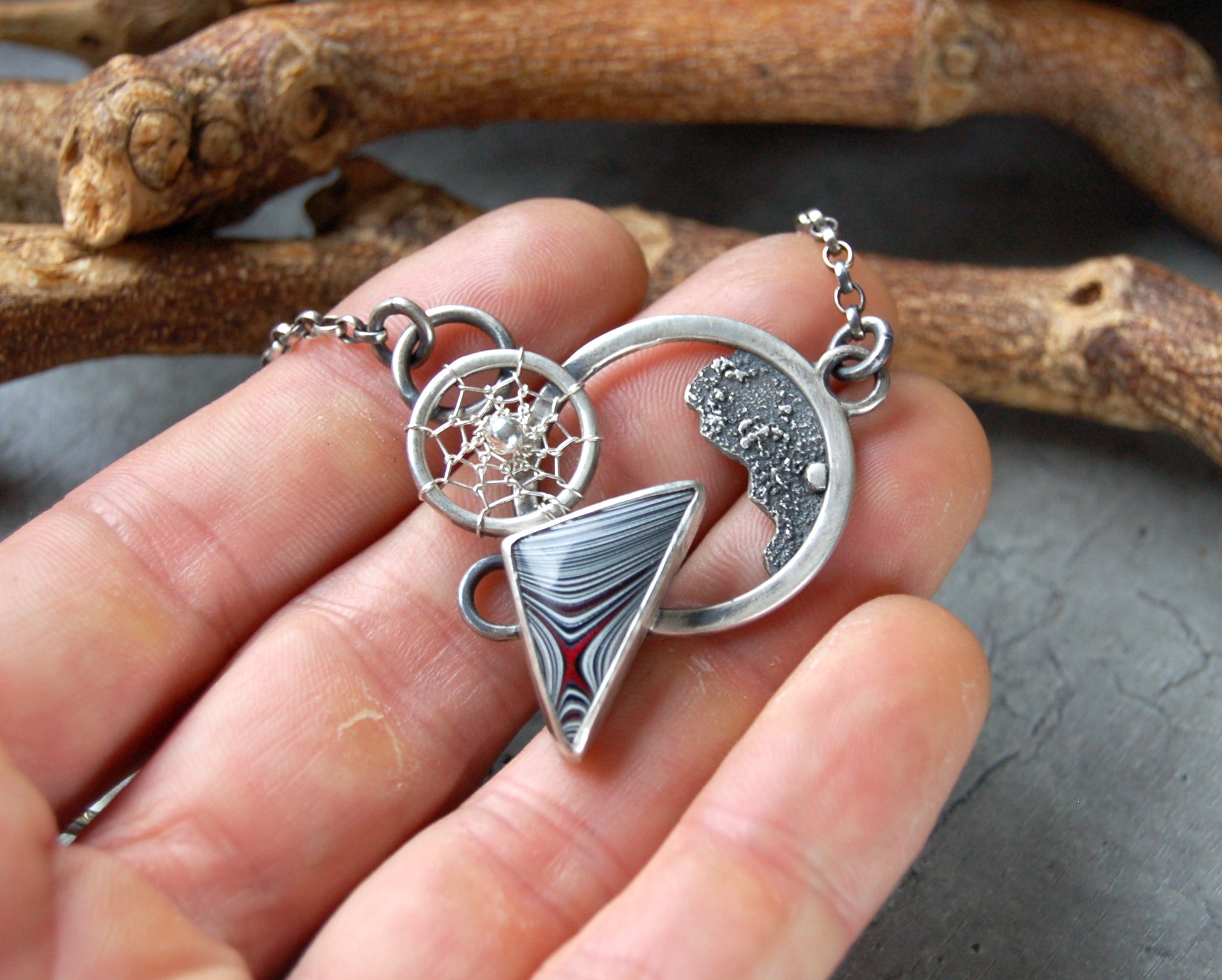 Sterling silver fordite necklace pendant. Boho chic jewelry