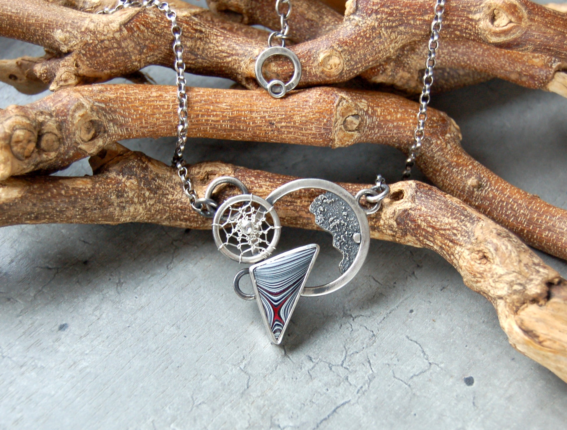 Sterling silver fordite necklace pendant. Boho chic jewelry