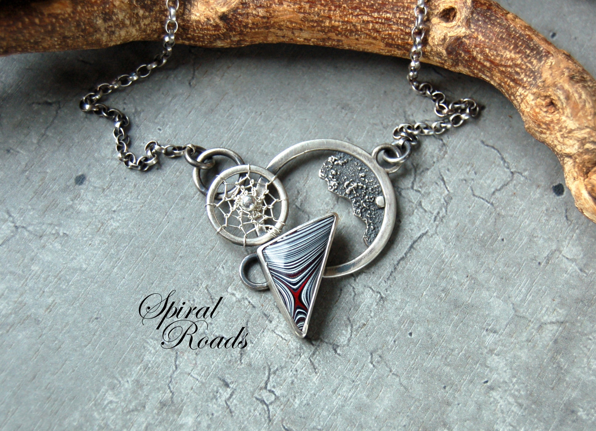 Sterling silver fordite necklace pendant. Boho chic jewelry