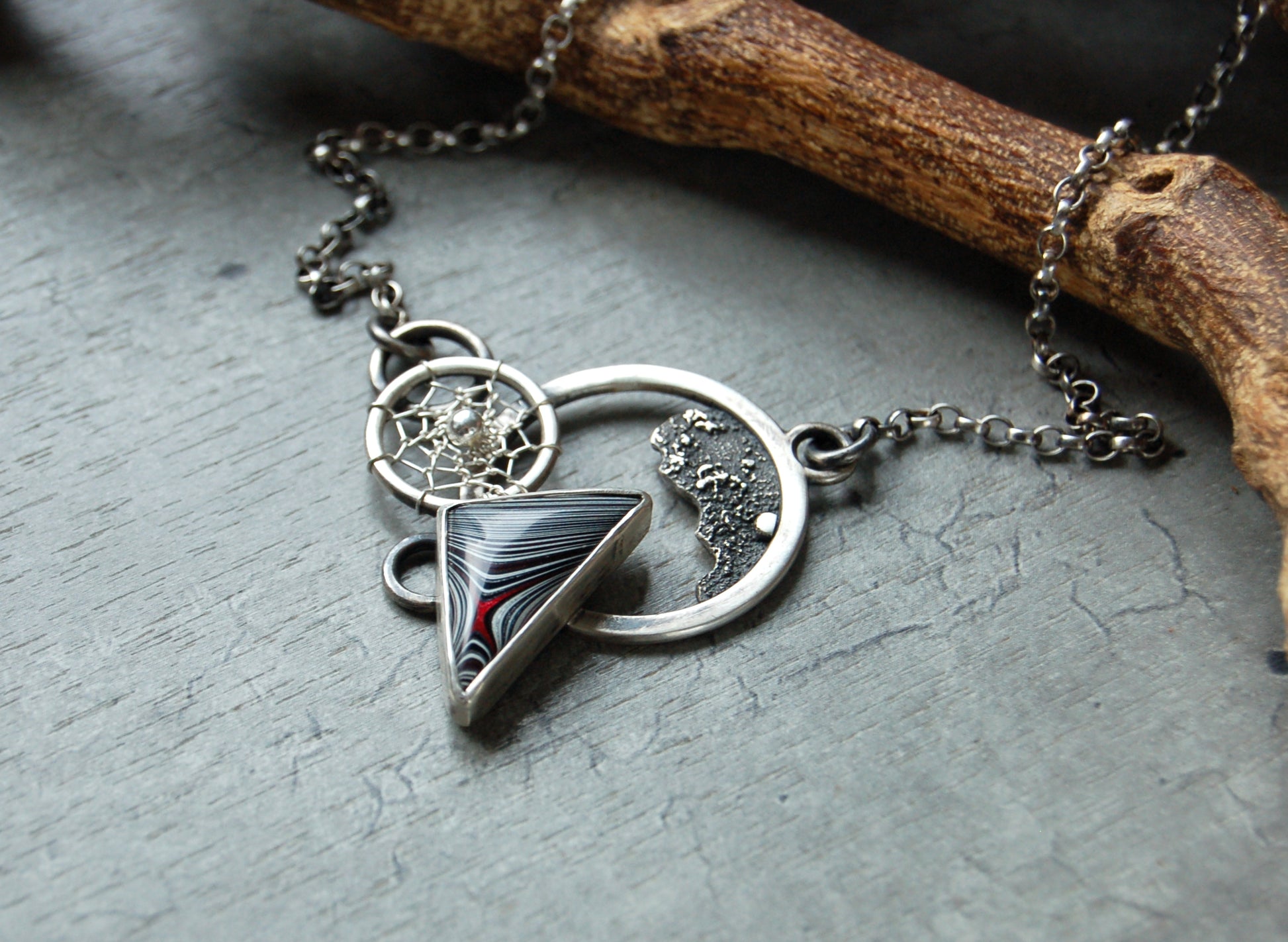 Sterling silver fordite necklace pendant. Boho chic jewelry