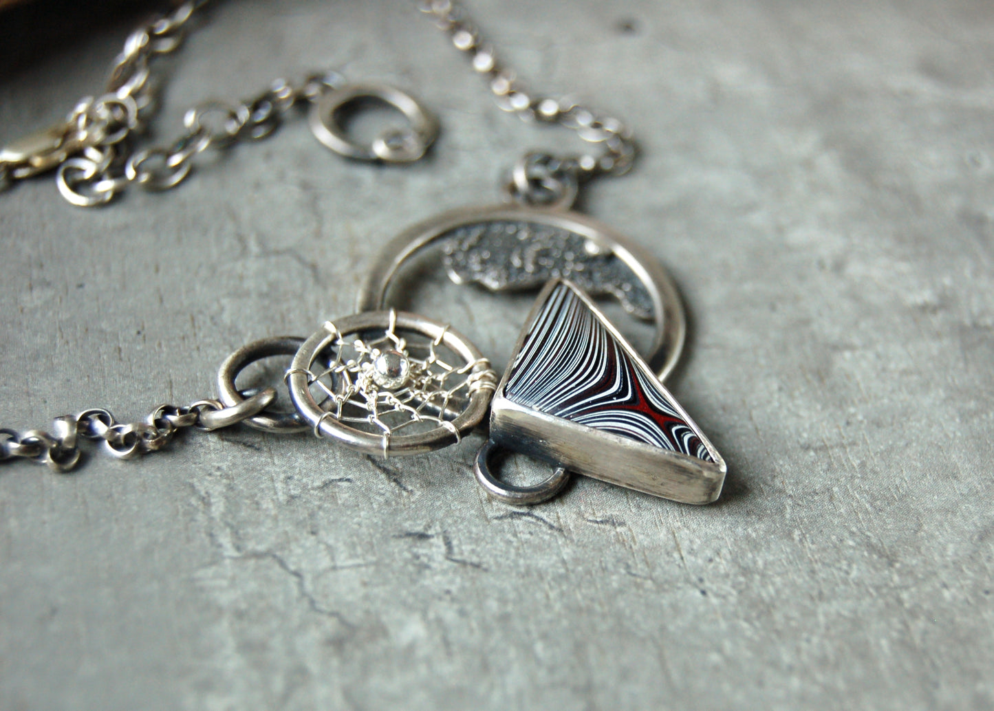 Sterling silver fordite necklace pendant. Boho chic jewelry