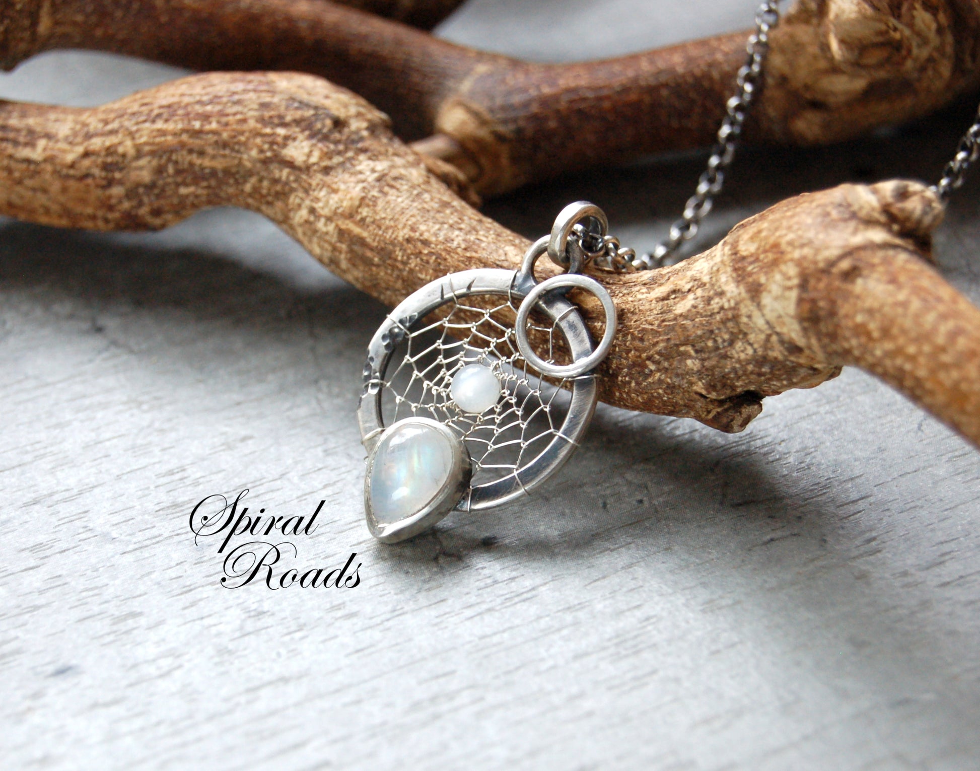 Silver dream catcher necklace with Moonstone gemstones