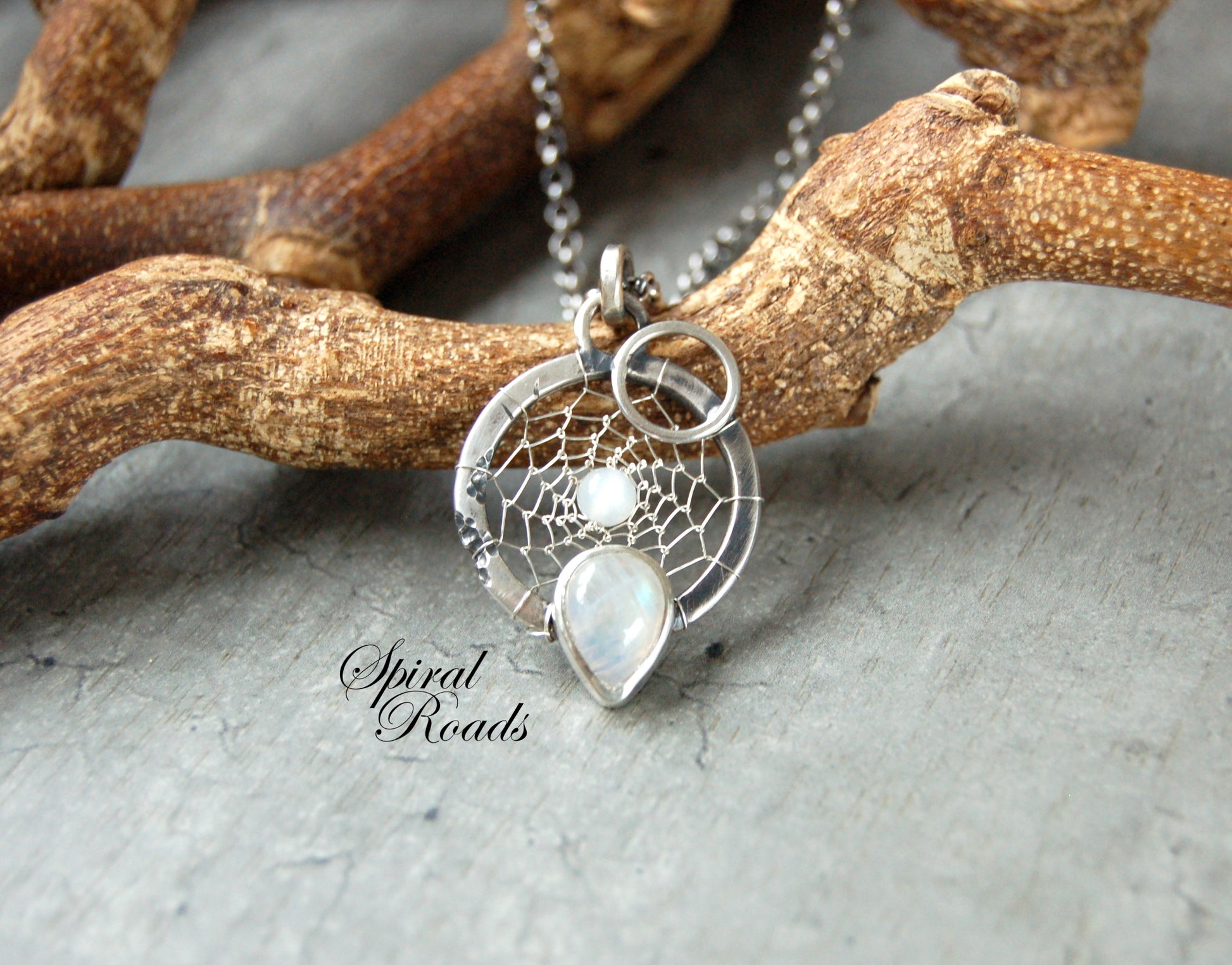 Silver dream catcher necklace with Moonstone gemstones