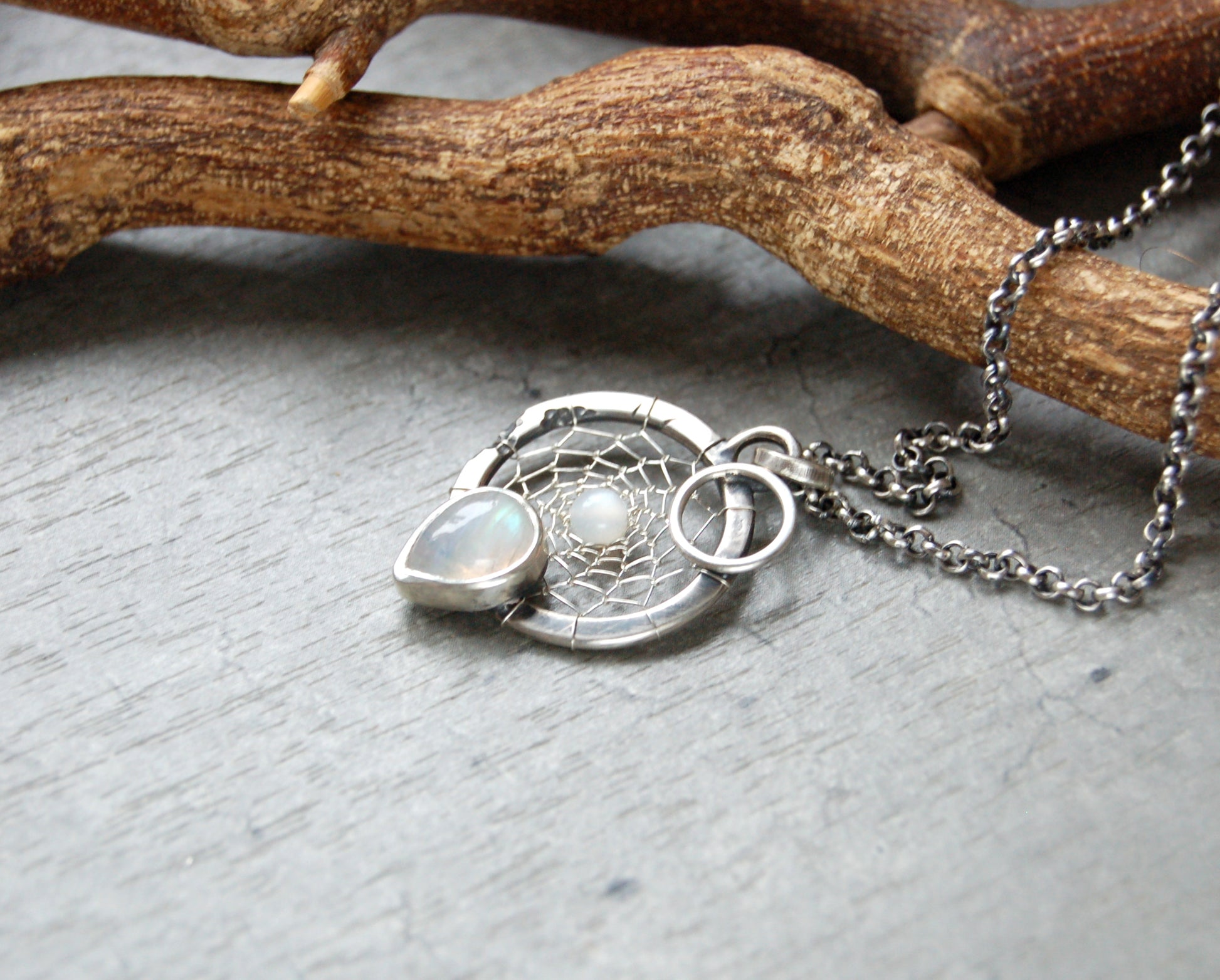 Silver dream catcher necklace with Moonstone gemstones