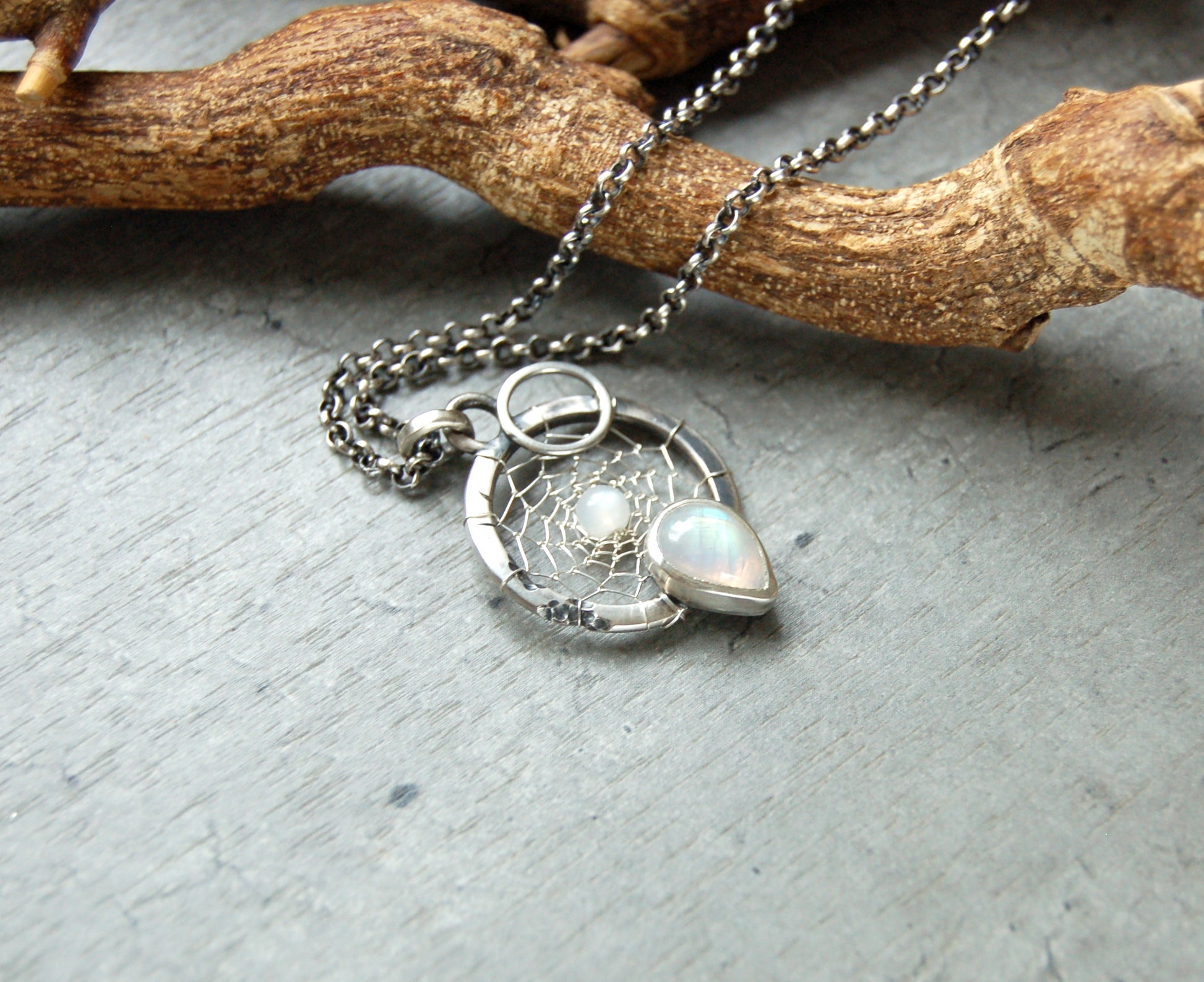 Silver dream catcher necklace with Moonstone gemstones
