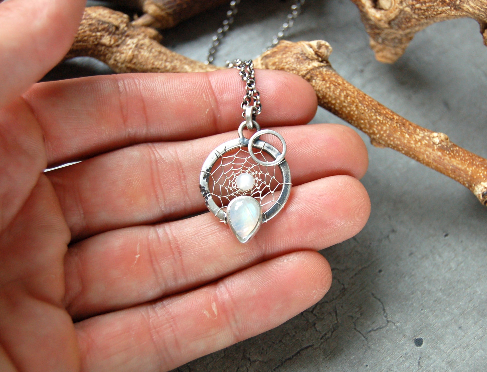 Silver dream catcher necklace with Moonstone gemstones