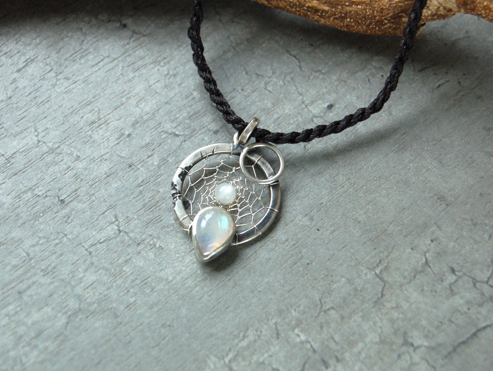 Silver dream catcher necklace with Moonstone gemstones
