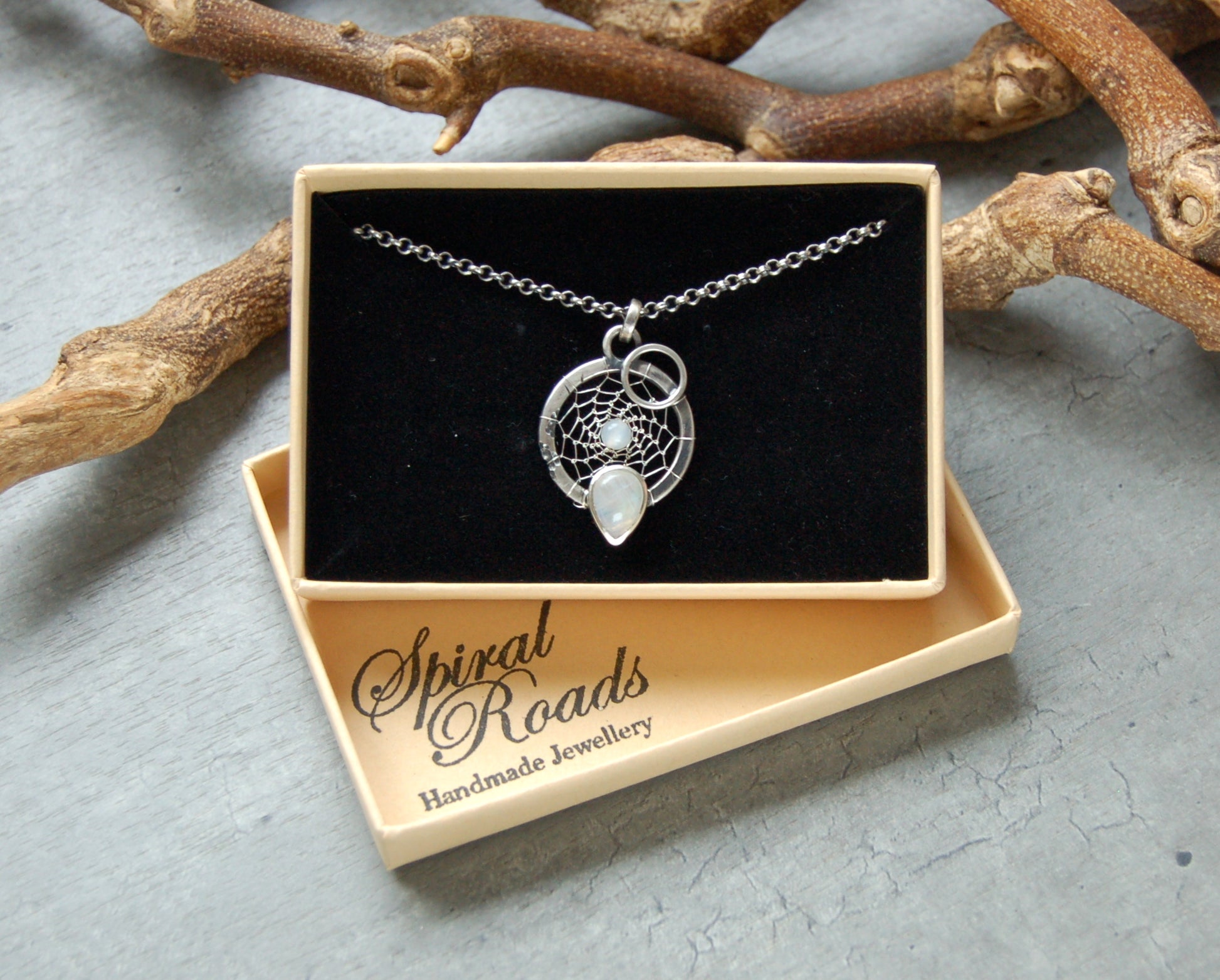 Silver dream catcher necklace with Moonstone gemstones