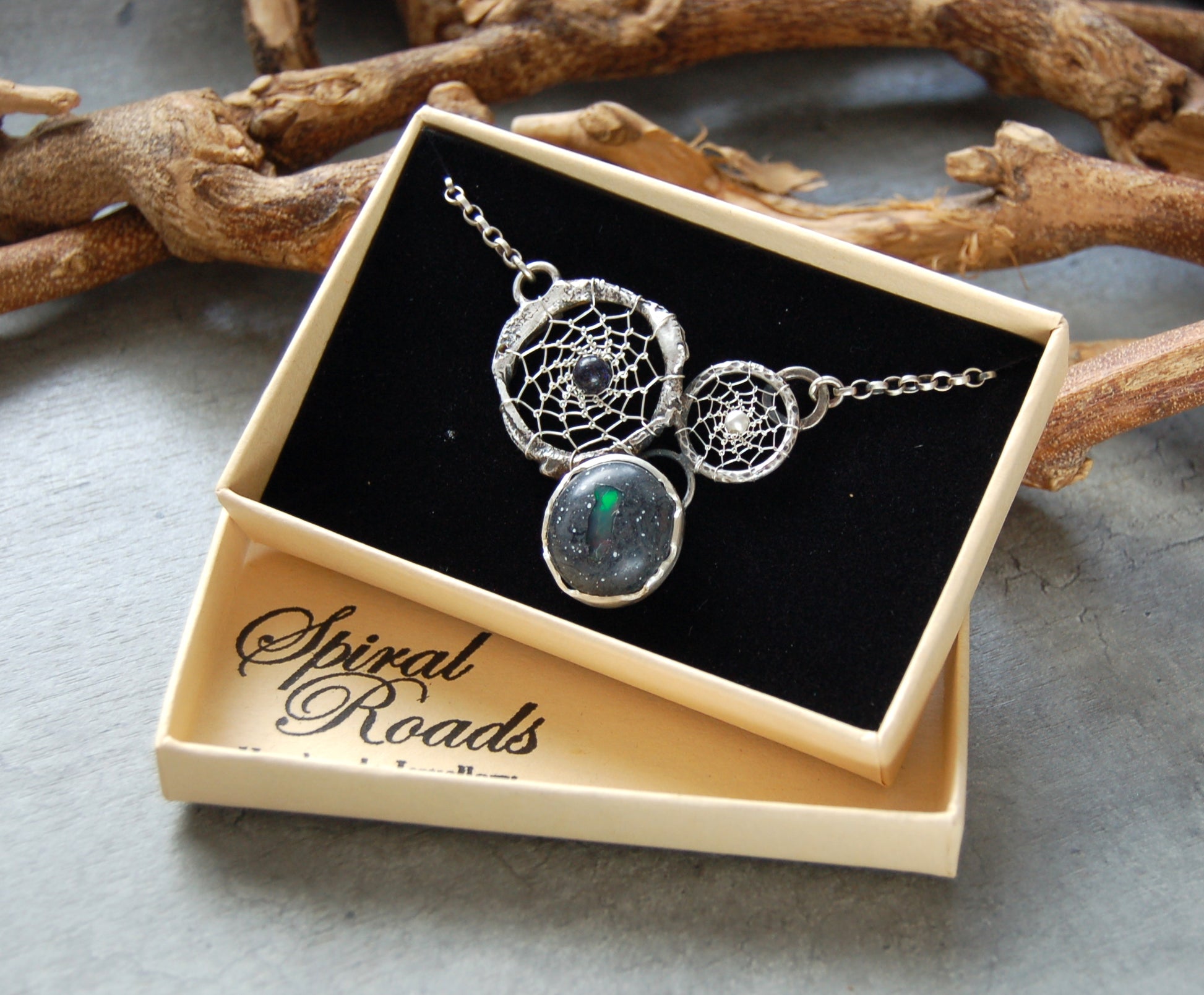 dream catcher pendant with boulder opal. Textured sterling silver necklace, boho chic style