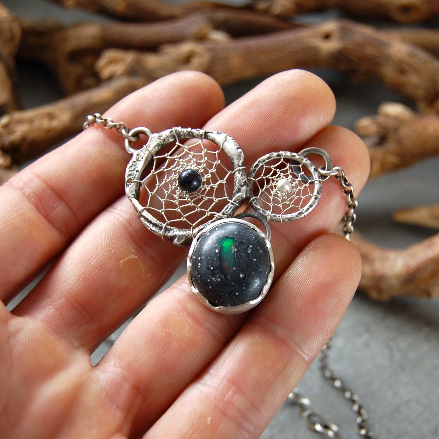 dream catcher pendant with boulder opal. Textured sterling silver necklace, boho chic style