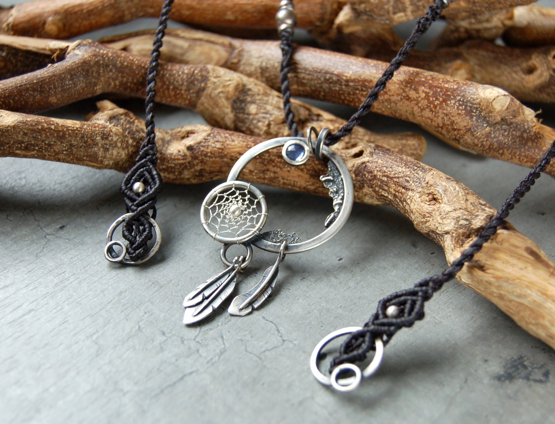 Silver dreamcatcher necklace with blue sapphire and macrame