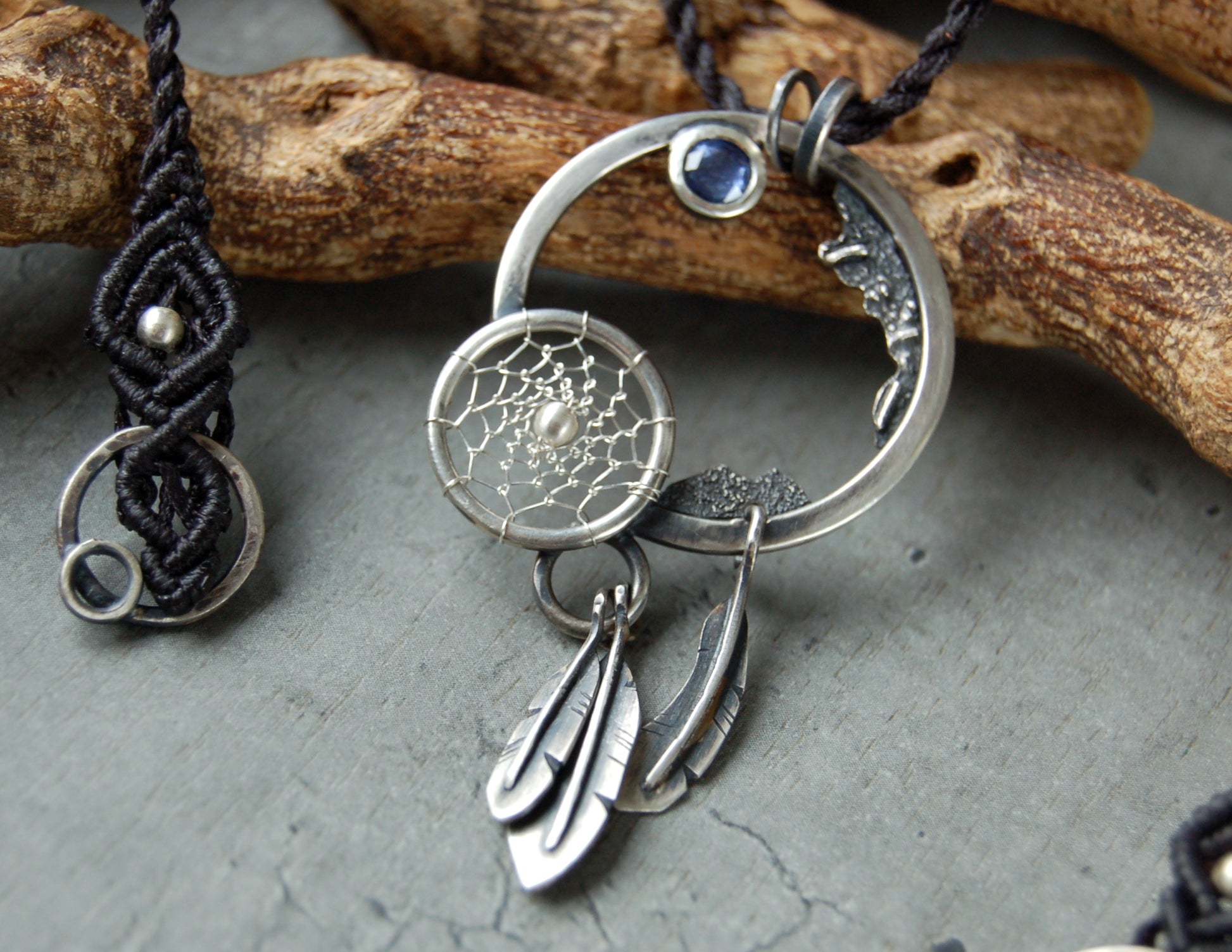 Silver dreamcatcher necklace with blue sapphire and macrame