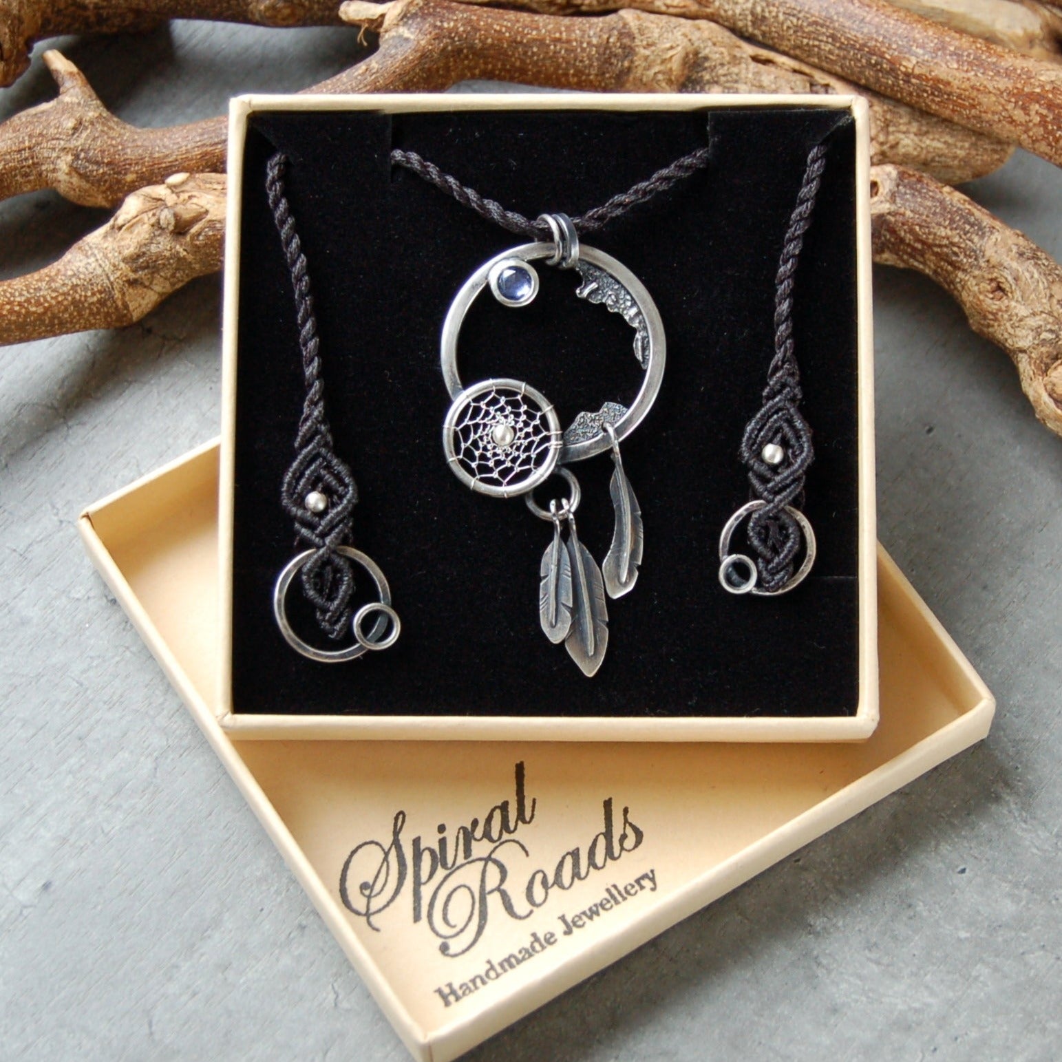 Boho dreamcatcher necklace with sapphire