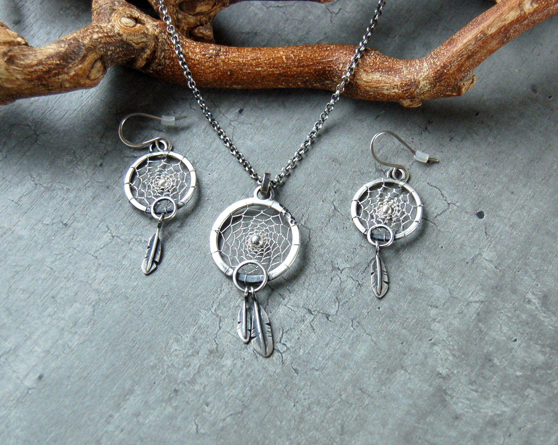 Handmade Silver dreamcatcher pendant and earrings