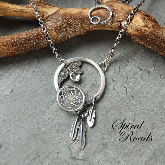 Silver dream catcher necklace with Aquamarine gemstone