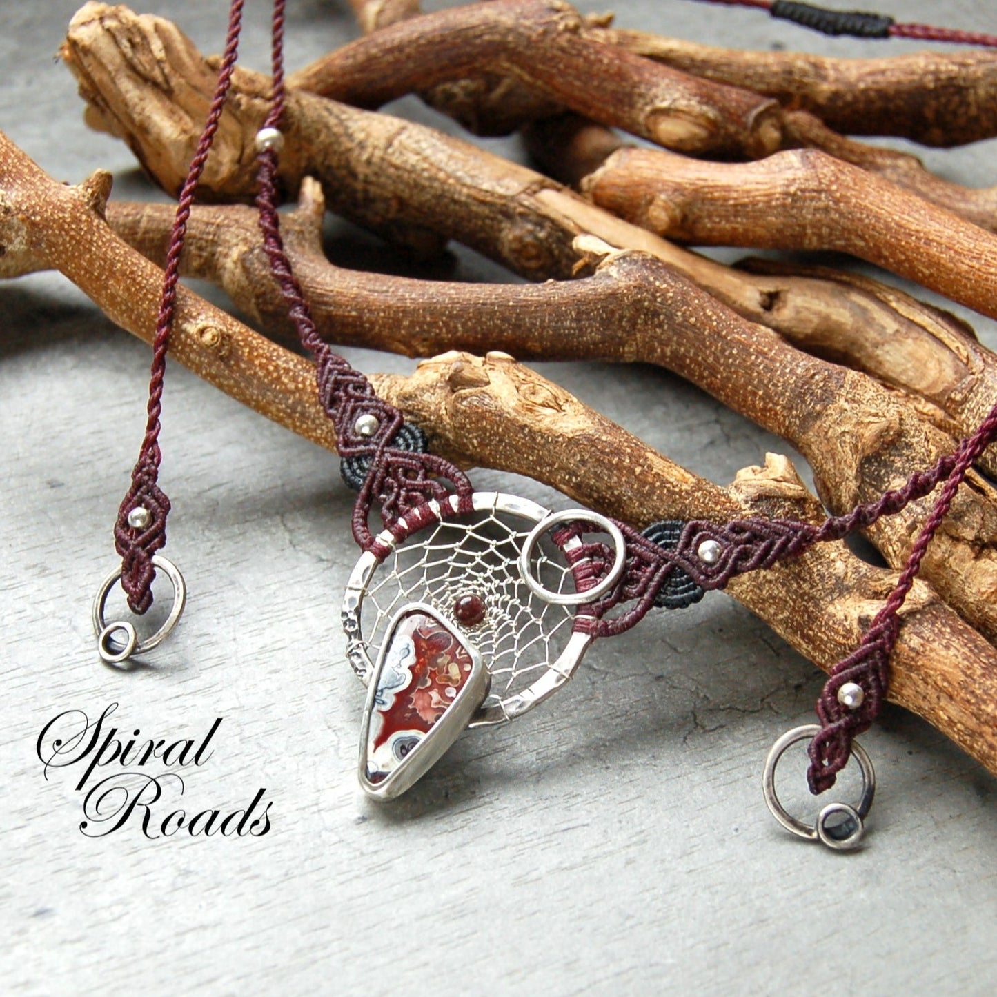 macrame necklace with agate gemstone and silver dream catcher