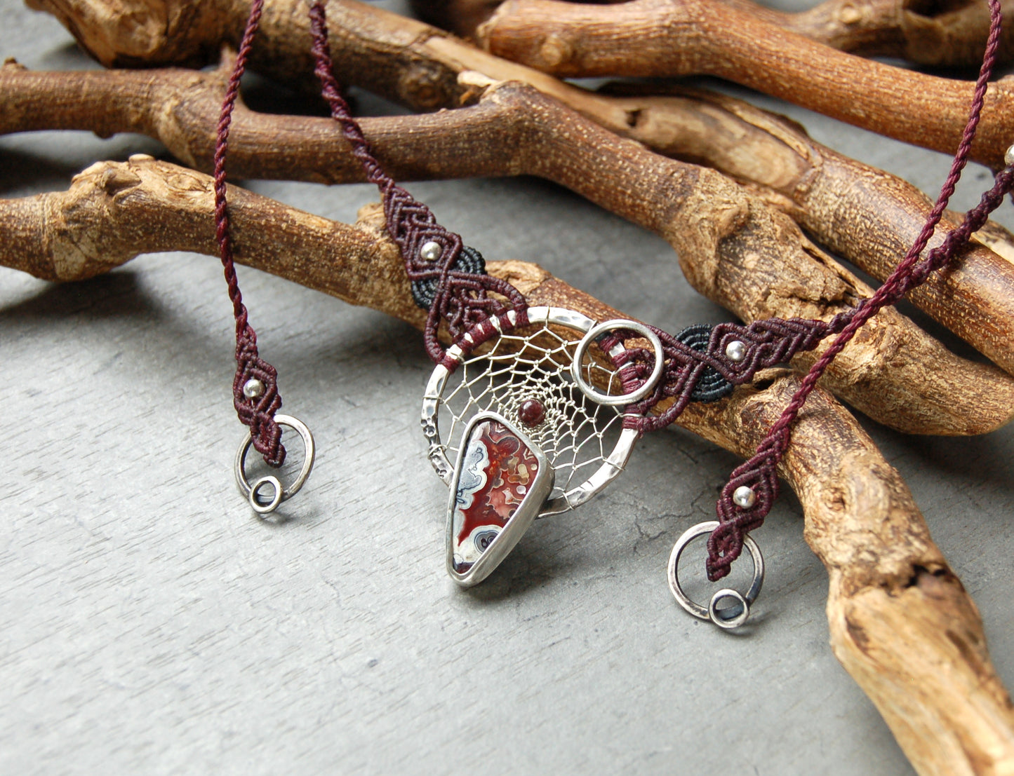 Boho style macrame necklace with crazy lace agate and silver dream catcher