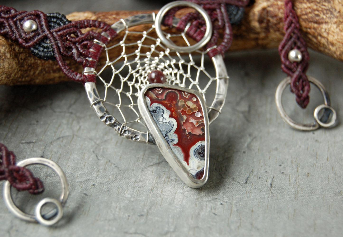 Boho style macrame necklace with crazy lace agate and silver dream catcher