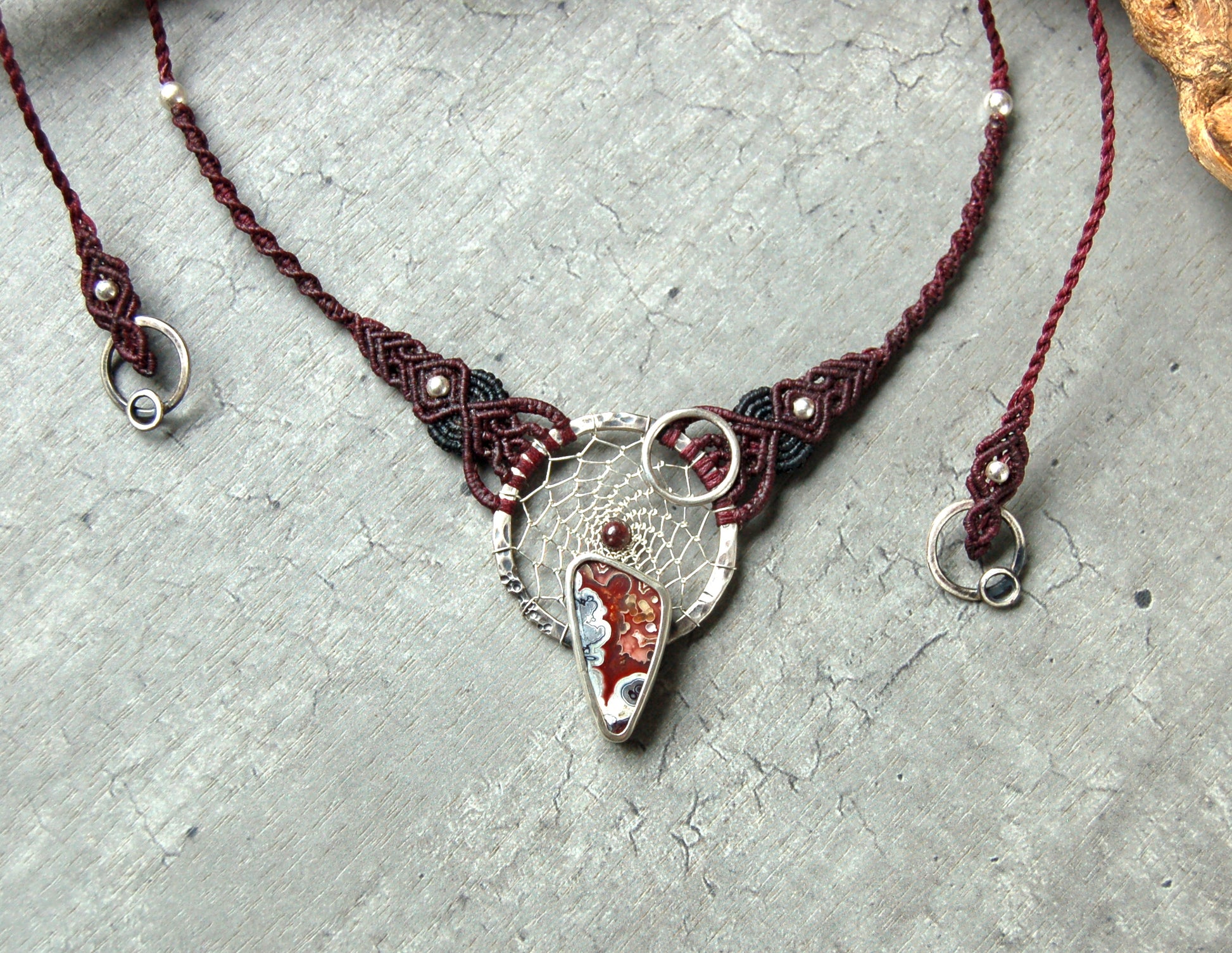 Boho style macrame necklace with crazy lace agate and silver dream catcher