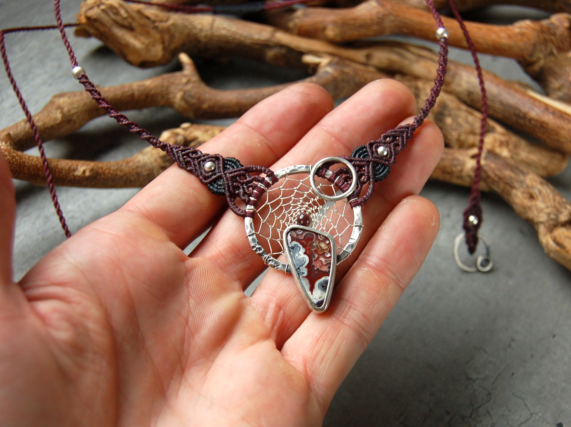 macrame necklace with agate gemstone and silver dream catcher