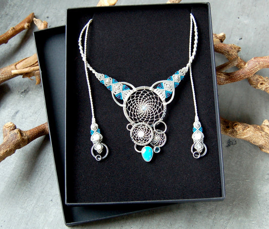 Silver Dreamcatcher statement necklace with blue gemstones